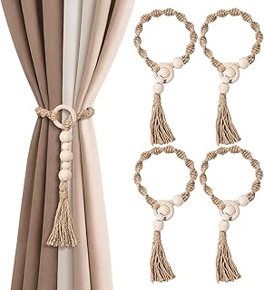 Macrame Curtain Tiebacks with Wooden Beads, Jute Rope Boho Holdbacks wit...