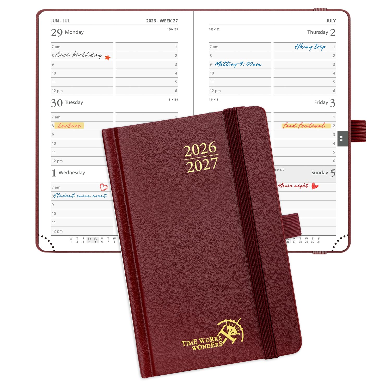 POPRUN 2026-2027 Academic Small Weekly Planner, 4" x 6.25" Purse Size Calendar, July 2026 to June 2027, Hardcover Appointment Book with Horizontal Layout, Hourly Time Slots - Burgundy
