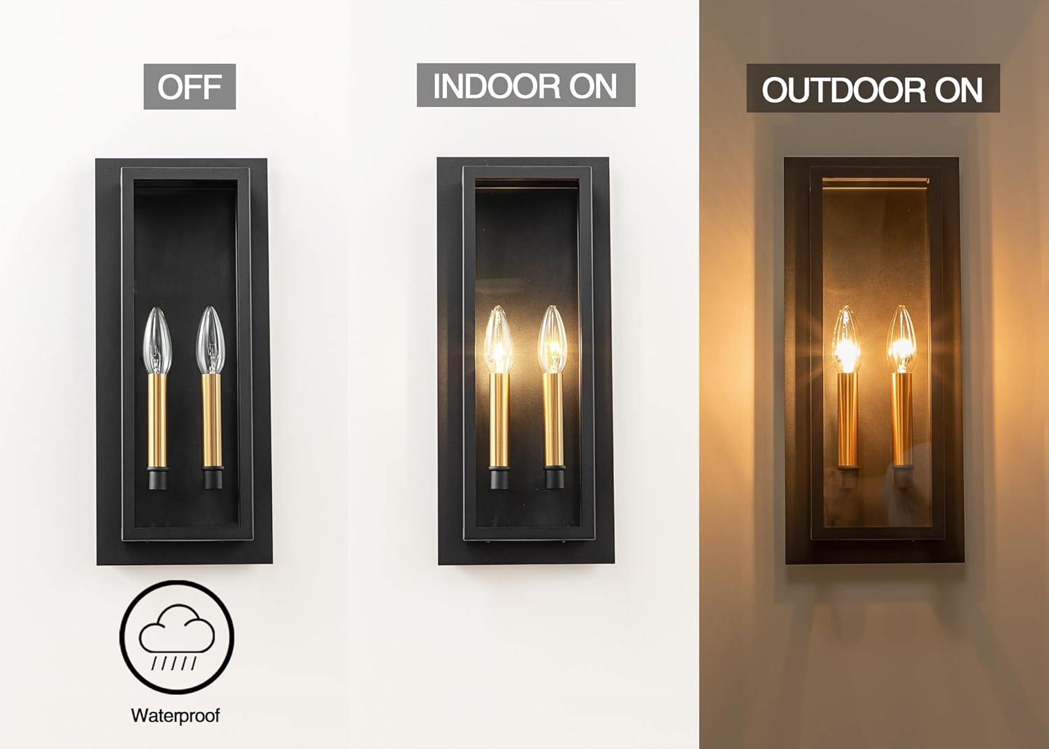 Outdoor Wall Light Fixture Exterior, Black Modern Porch Lights Wall Mount, 2-Light Outside Large Outdoor Wall Sconce with Golden Interior, Patio Light Fixture for House, Front Porch, Garage