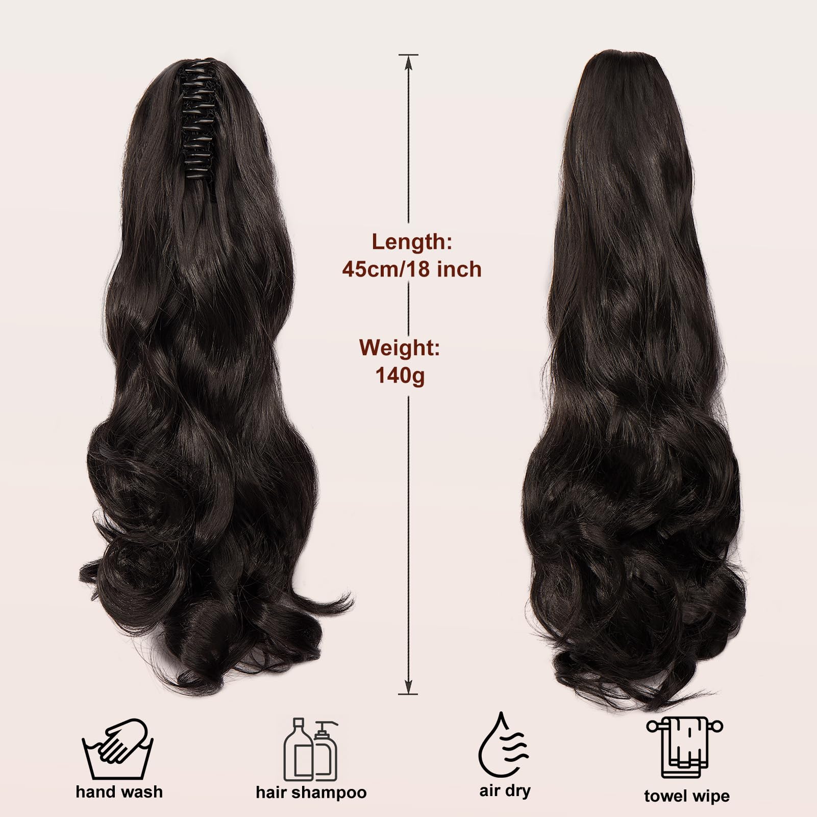 Dcbaboo 18inch Claw Clip in Ponytail Extensions Dark Brown Long Wavy Jaw on Ponytail Hair Extension Curly Pony tails Natural Wave Synthetic One Piece Hair piece - Image 3