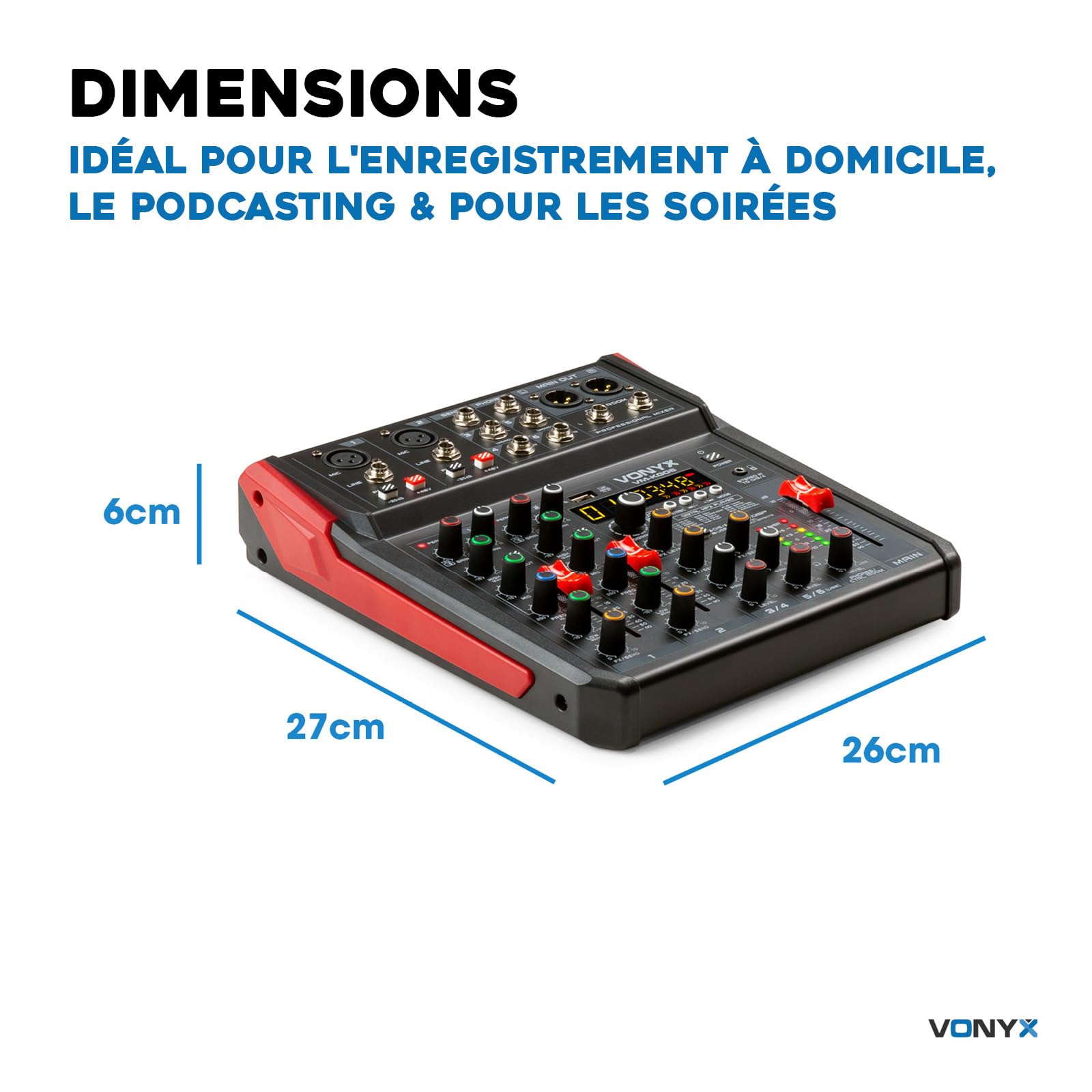 Vonyx VM-KG06 Console de Mixage 6 Canaux - Avec Bluetooth, Lecteur MP3, Interface Audio USB, Processeur de Son, Alimentation Fantôme, Écran LED, Idéal pour les Bars, Petite Salles de Concerts
