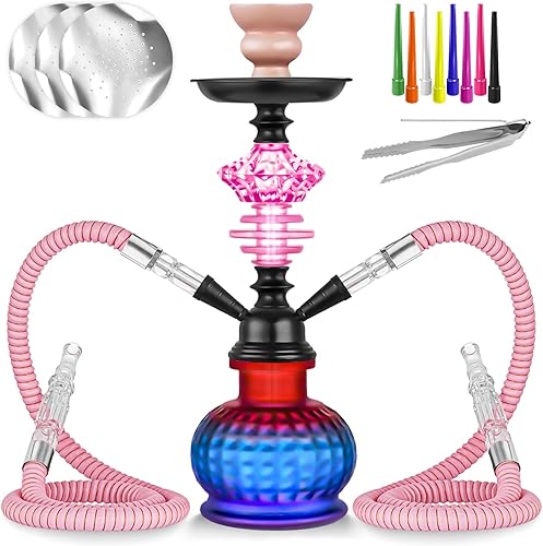 Miniatura 8 de Juego de cachimba de 12 pulgadas con 2 mangueras Shisha Hookah Set con todo - Jarrón de vidrio moderno, 50 láminas de narguile y 50 puntas de