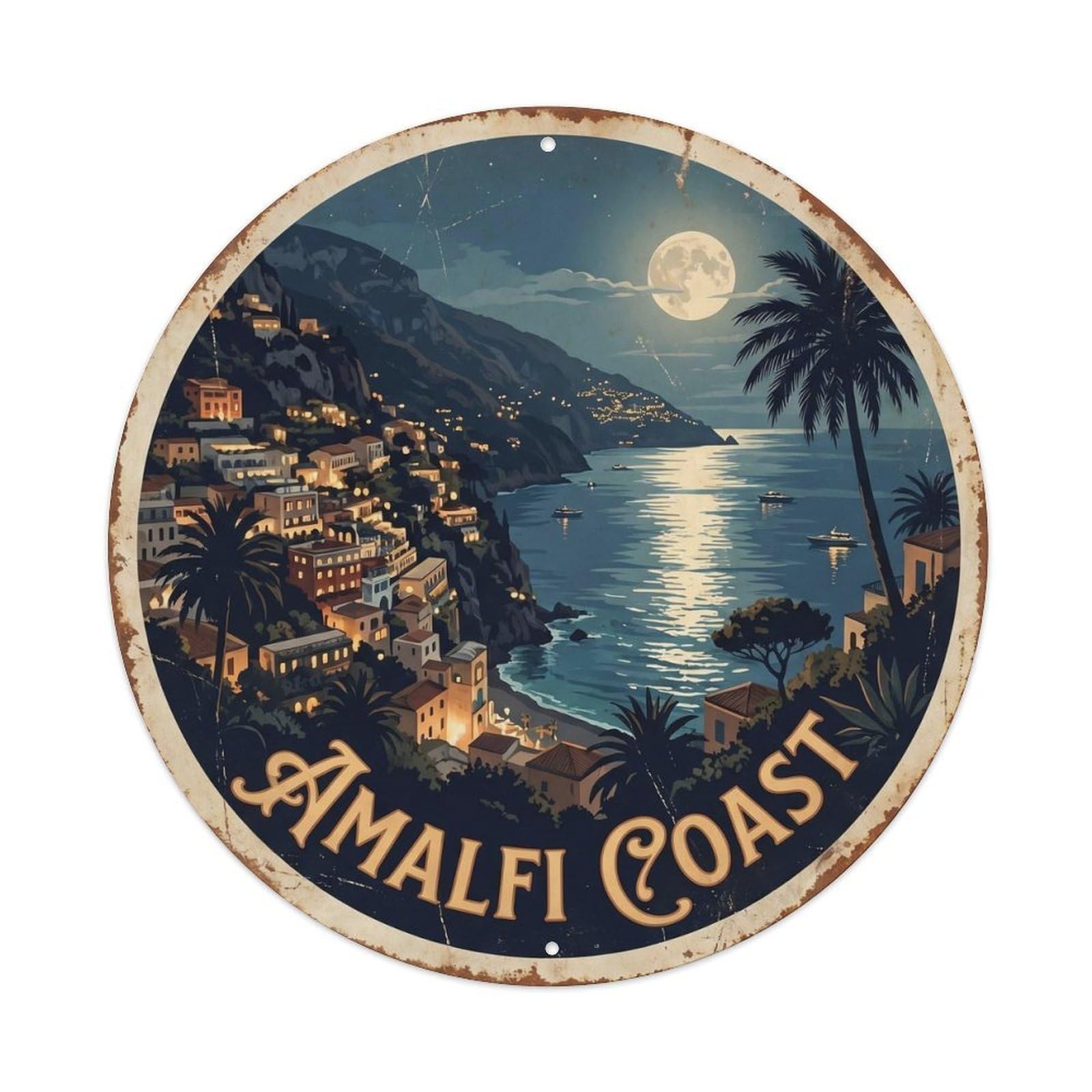 Italy Travel Coastal Night Village Classic Heritage Destination Metal Tin Sign Plaque Wall Decor for Cafe, Man Cave, Club Bar, Office, Home Garden Round Metal Poster 8x8Inch