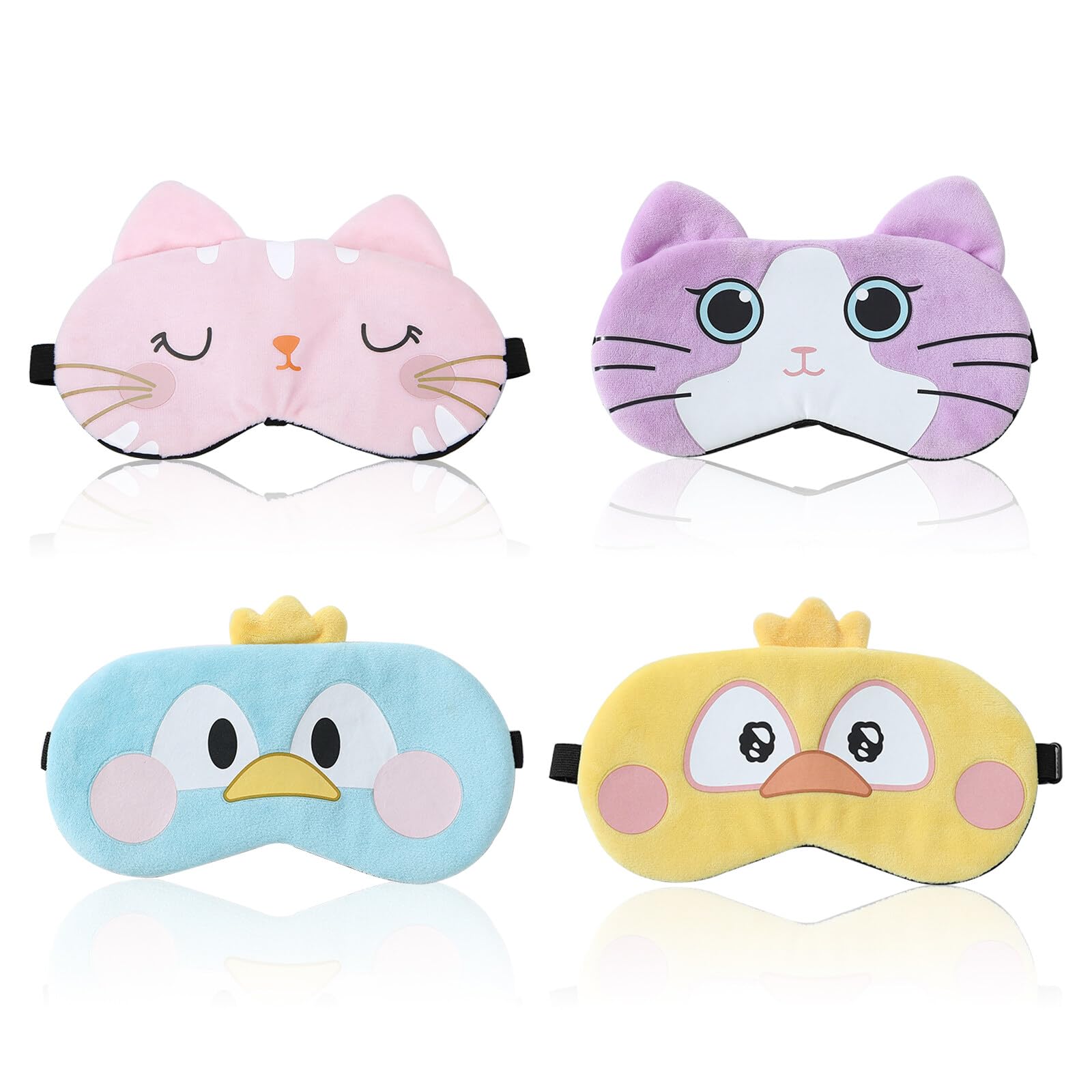 Máscara del Sueño, 4 Piezas Antifaz para Ojos de Animal Lindo con Correa Ajustable, Antifaz para Dormir de Dibujos Animados, Antifaz para Dormir Suave y Opaco para Siestas, Viajes, Camping
