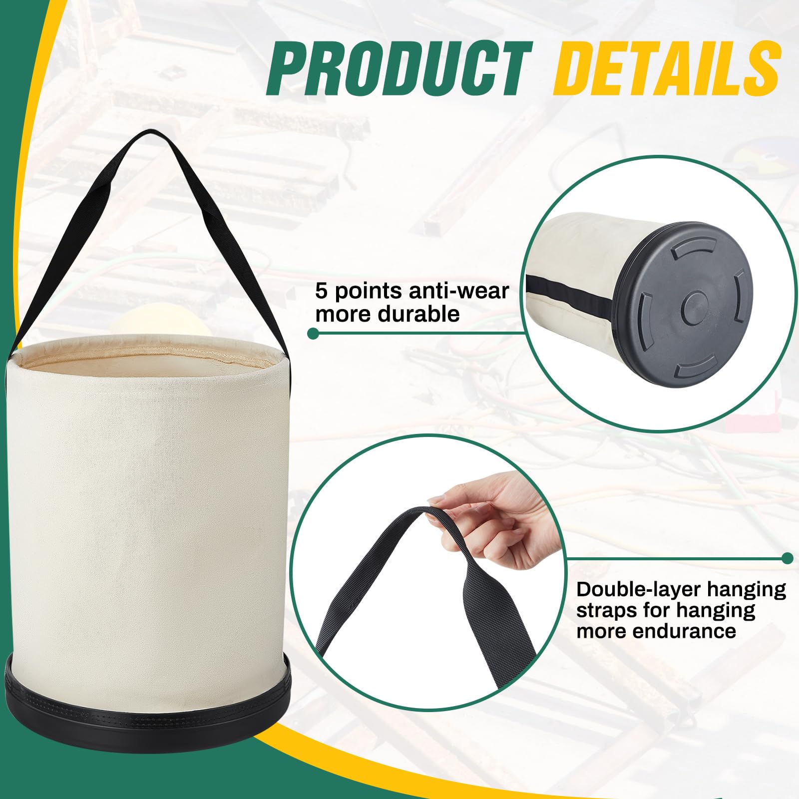 2 cubos de lona multiusos de 14 x 9 pulgadas, capacidad de carga de hasta 150 libras, cubo de trabajo con parte inferior de plástico con agujeros de drenaje para almacenar accesorios