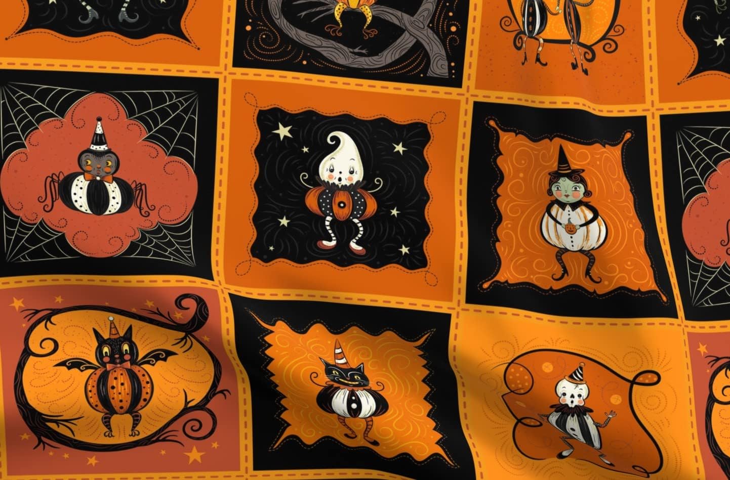 Spoonflower Fabric - Halloween Patchwork Vintage Style Spider Ghost Pumpkin Kitsch Printed on Petal Signature Cotton Fabric by The Yard - Sewing Quilting Apparel Crafts Decor