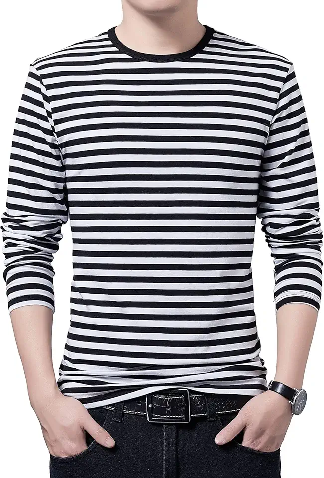 SHUIANGRAN Men's Striped T-Shirt Sport Cotton Shirts Classic Fit Casual Pullover Long/Short Sleeve Crew Neck Striped Shirts