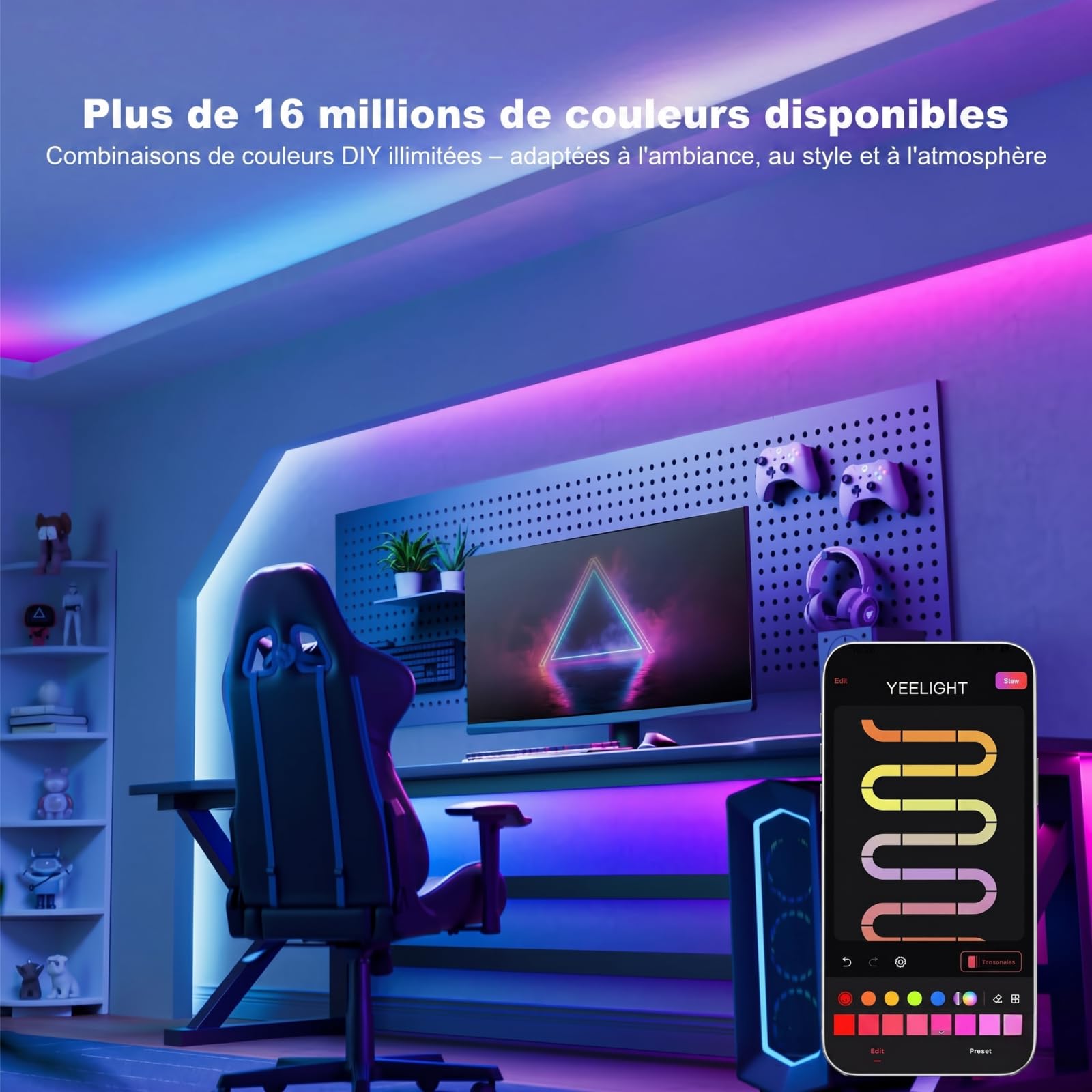 Yeelight Kit de Démarrage Matter over Thread: Ruban LED RGB+IC 5M & Hub Intelligent E1, Compatible avec Apple Home, Alexa, Google Home et SmartThings, Contrôle Segmenté et Synchro Musicale