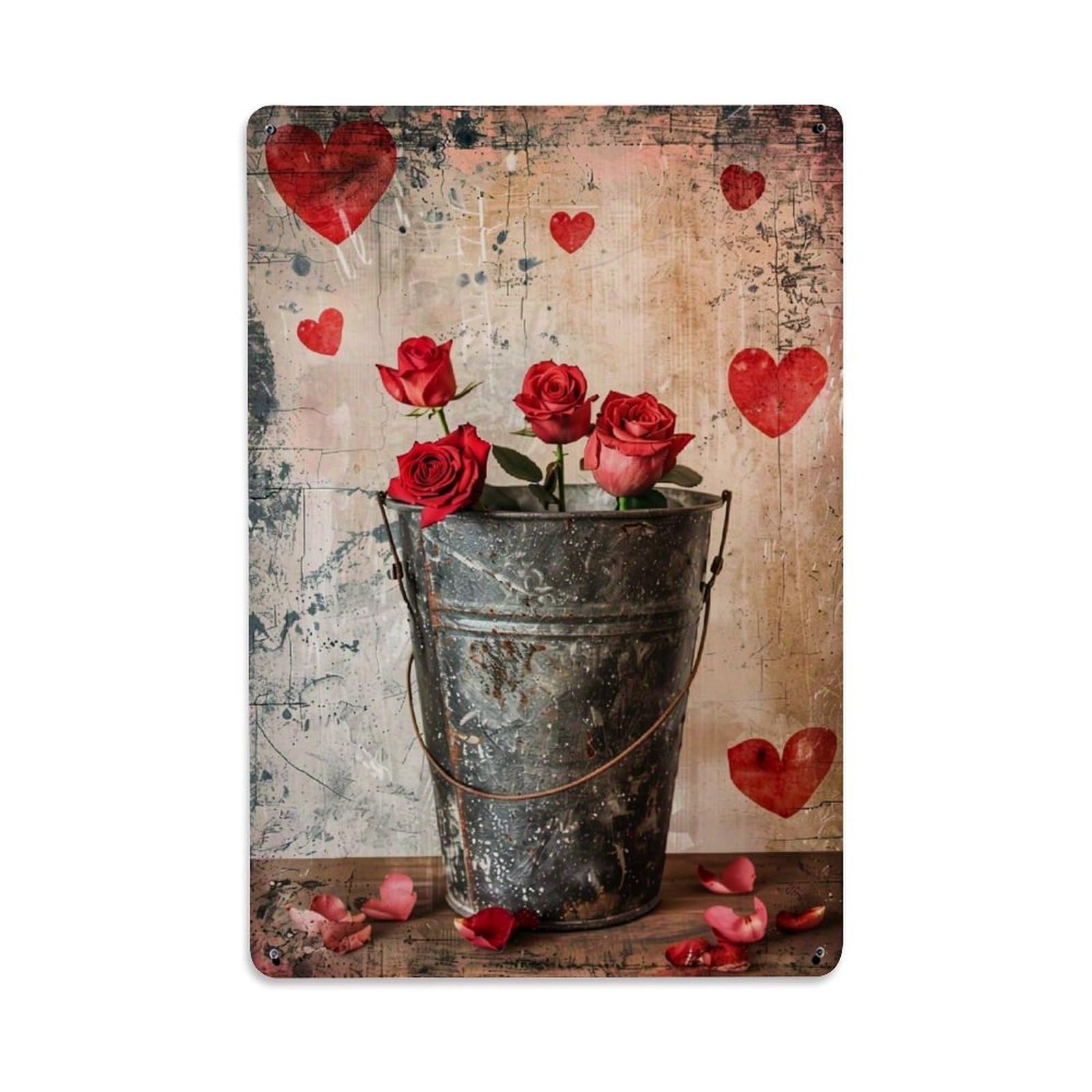 Jdfenggu Vintage Rustic Bucket Roses Hearts Background Retro Metal Tin Sign, Decor Art Poster For Bar, Home, Man Cave, Kitchen, Laundry Room Gift 8X12inch