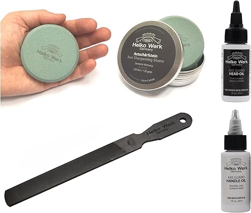 Miniatura 1 de 1844 Helko Werk Germany Kit de cuidado y mantenimiento del hacha estándar, piedra de afilar, lima compacta, aceite de cabeza de protector de hacha,
