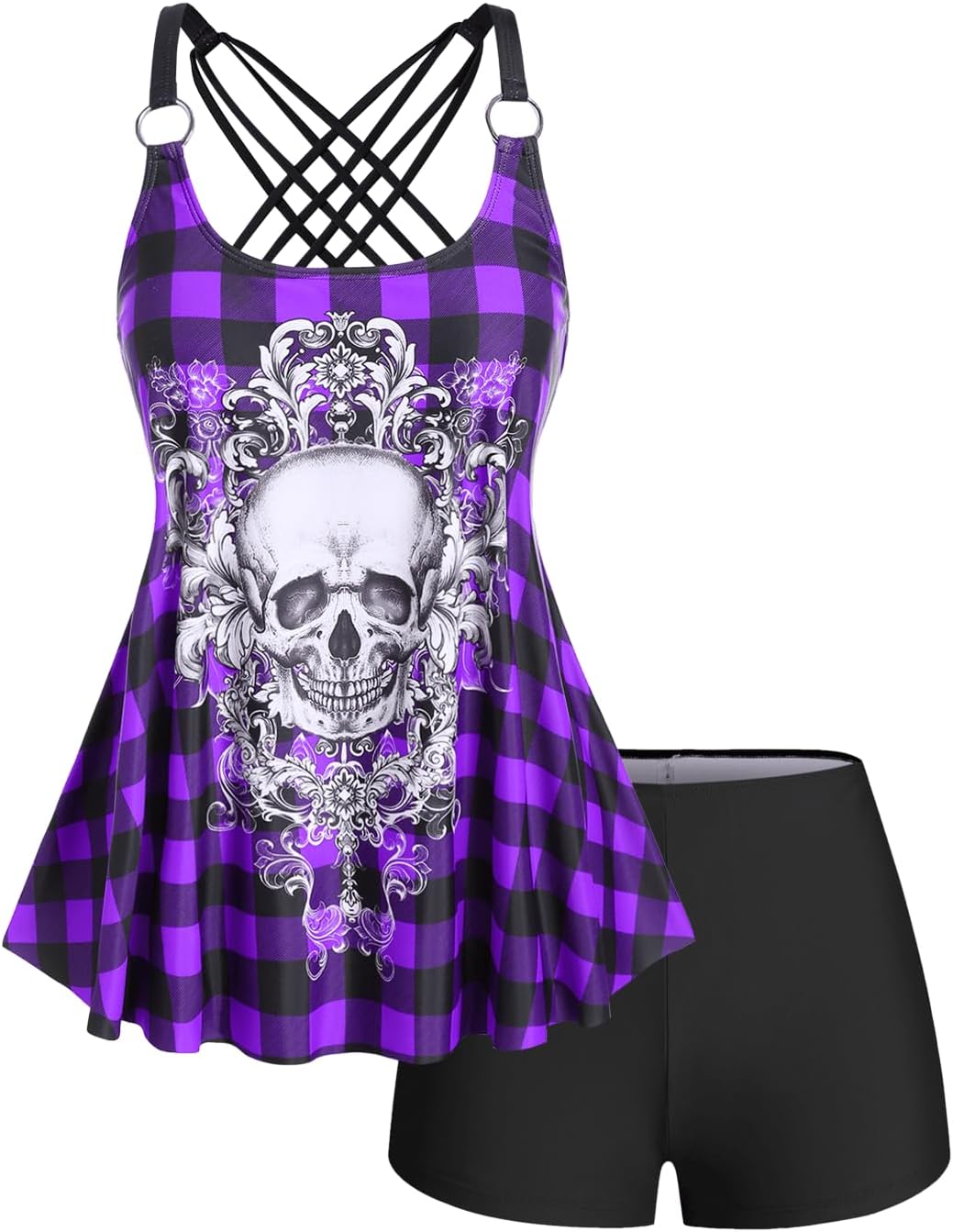 Rosegal Womens Plus Size Gothic Skull Plaid Padded Boyleg Strappy Modest Tankini Swimsuit Set