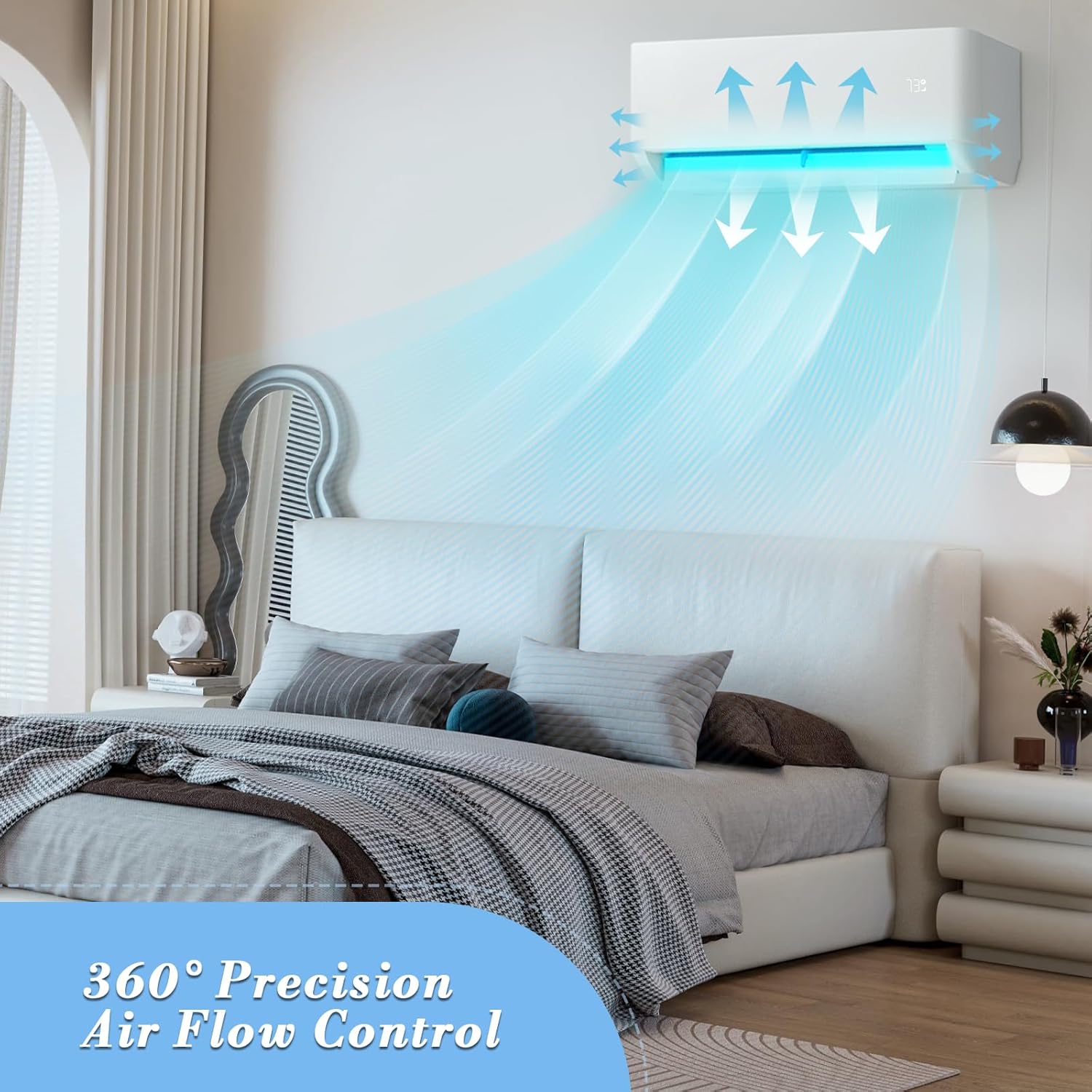 Indoor unit installed in a bedroom, showing air flowing in a 360-degree pattern, indicating precision air flow control.