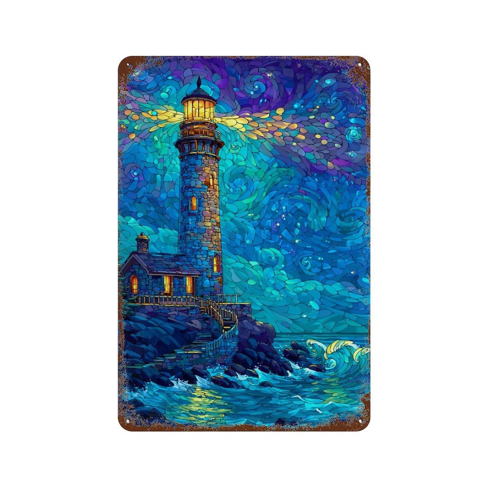 Starry Night Lighthouse Mosaic Art Rusty Metal Tin Sign 11.8"x7.9", Old School Wall Decor for Garage, Pub Or Kitchen