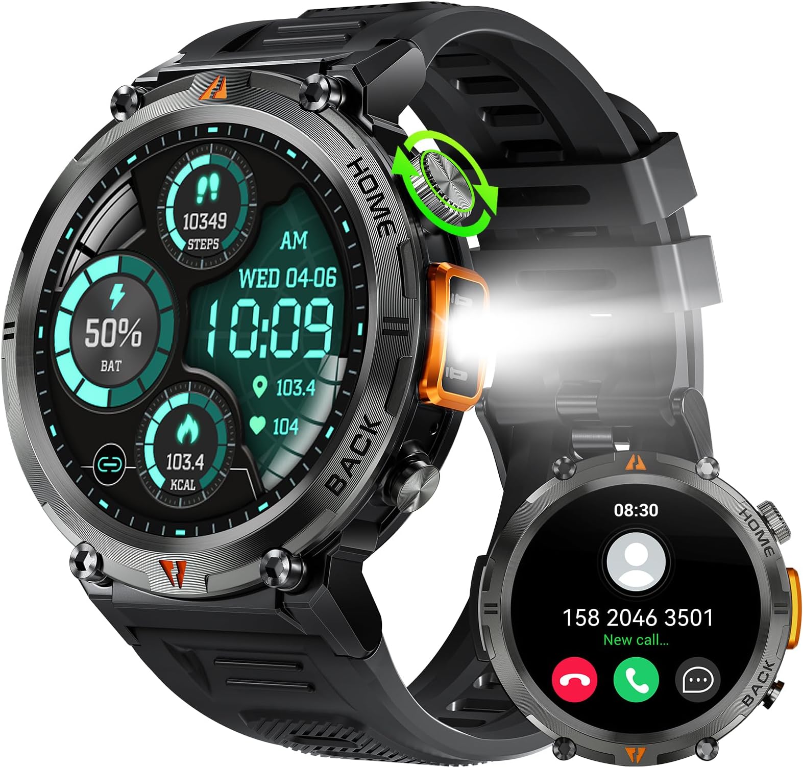 Military Smart Watch for Men (Call Receive/Dial) with LED Flashlight, 1.45" HD Outdoor Tactical Rugged Smartwatch, Sports Fitness Tracker Watch with Heart Rate Sleep Monitor for iPhone Android Phone