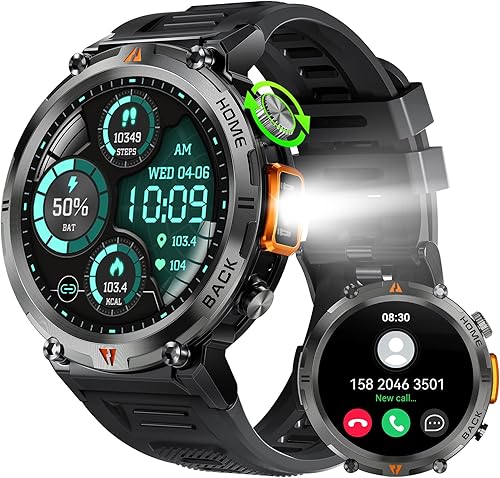 Miniatura 9 de Reloj inteligente militar para hombre con linterna LED, 1.45 pulgadas HD táctico resistente al aire libre (recepción de llamadasmarcación), reloj