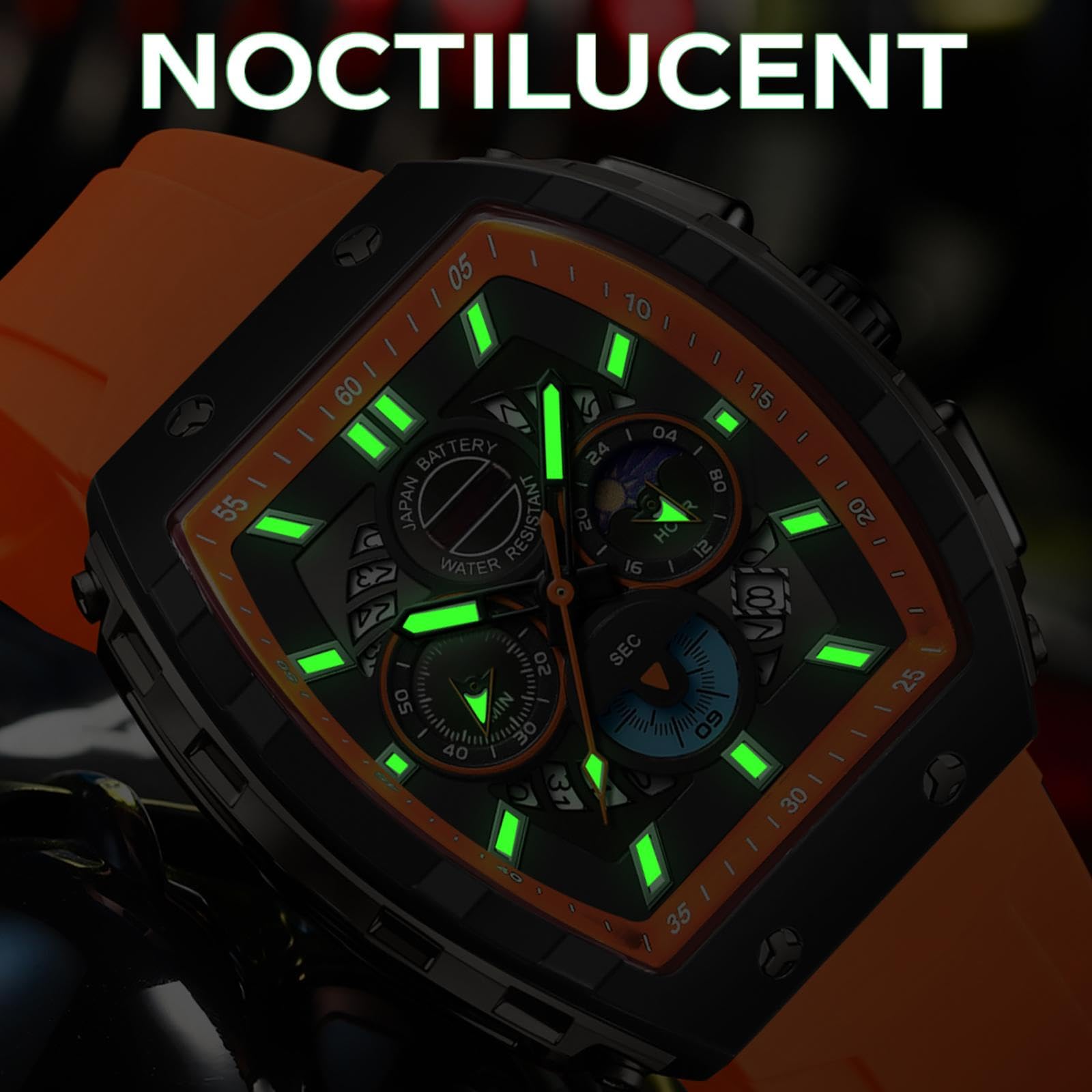 findtime Orologio da uomo con cronografo, analogico, sportivo, impermeabile, da corsa, cronometro, con fasi lunari luminose, unico Tonneau, orologi da uomo di seconda mano