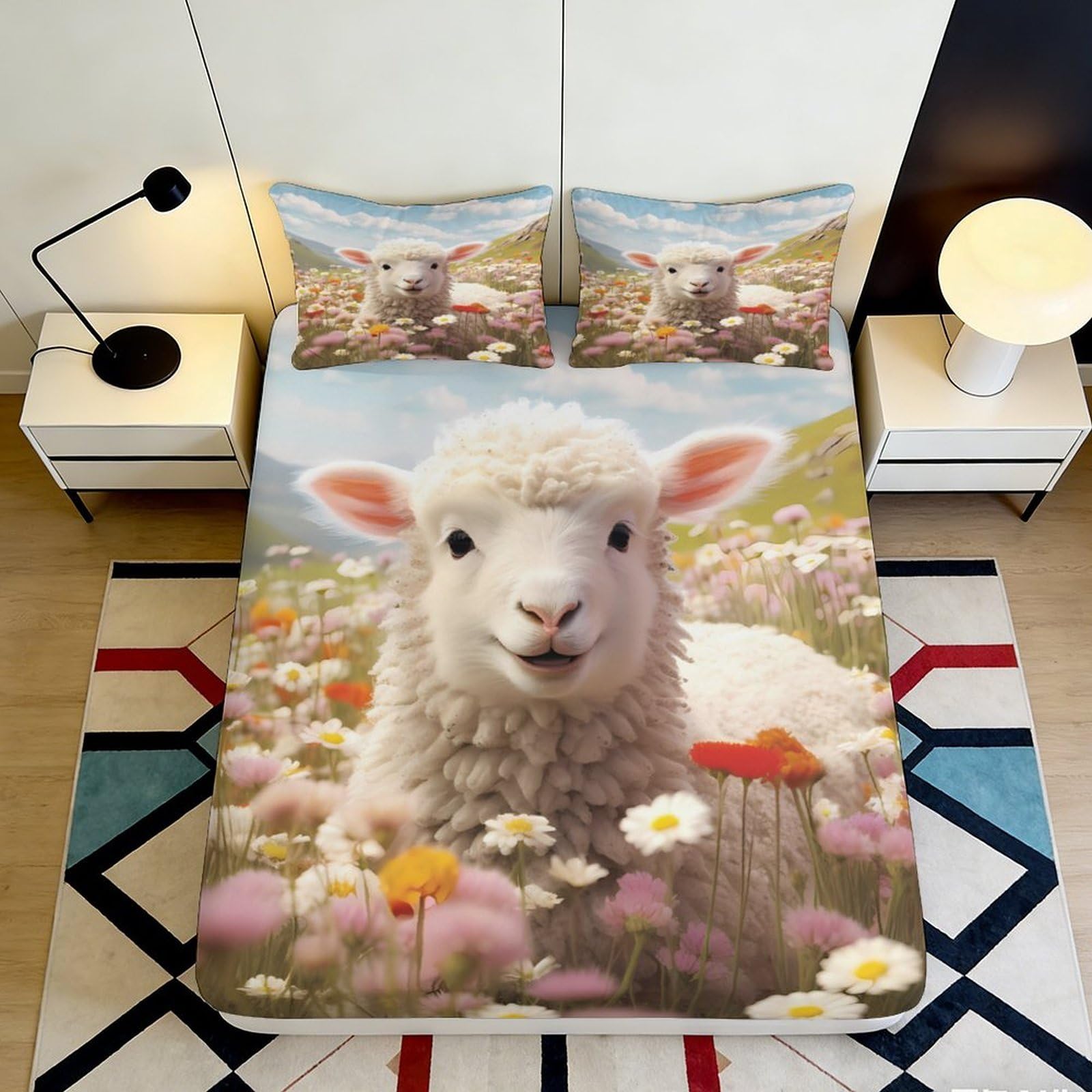 3D Printed Cute Sheep Fitted Sheet Microfiber Soft Pastoral Meadow Bed Cover for Bedroom Guest Room Decor 90x200x25cm