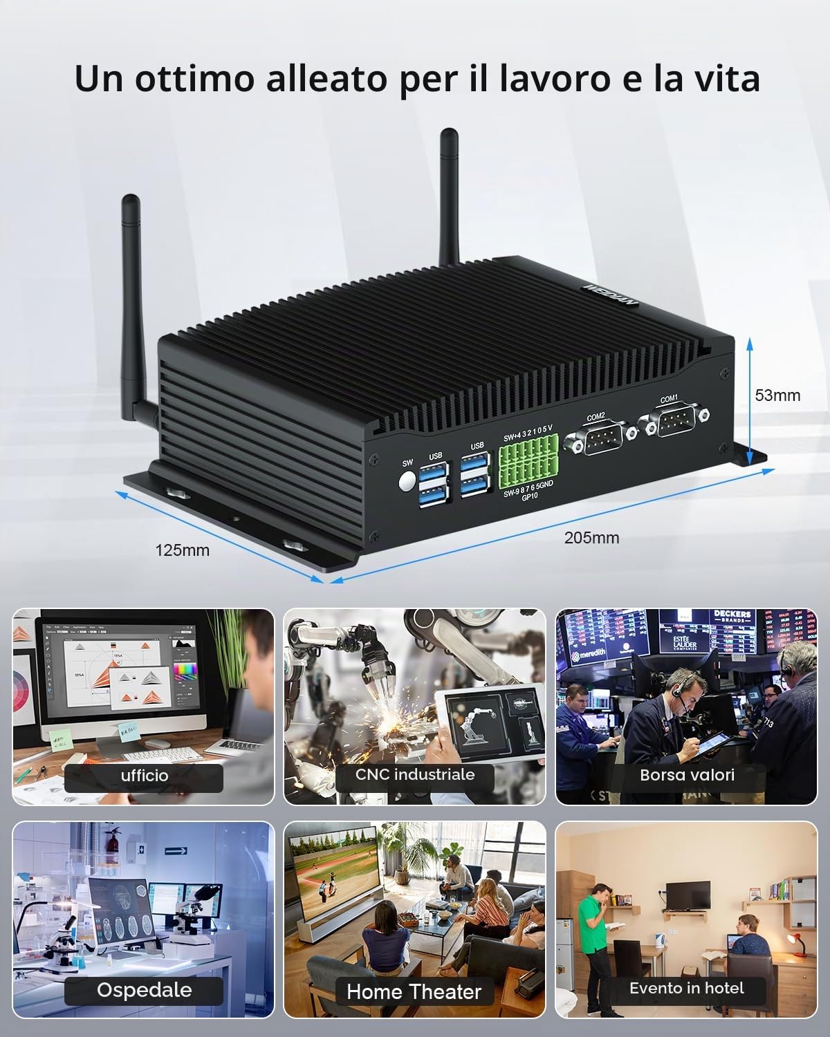 WEIDIAN Mini PC Senza Ventola Silenzioso, Mini Computer Core i7-10510U, PC Industriale Dual HD+DP Triple Display, 2RS232 COM, 6USB, GPIO, WiFi, BT, Win 11/Linux/Ubuntu (32GB DDR4 RAM 1TB SSD)