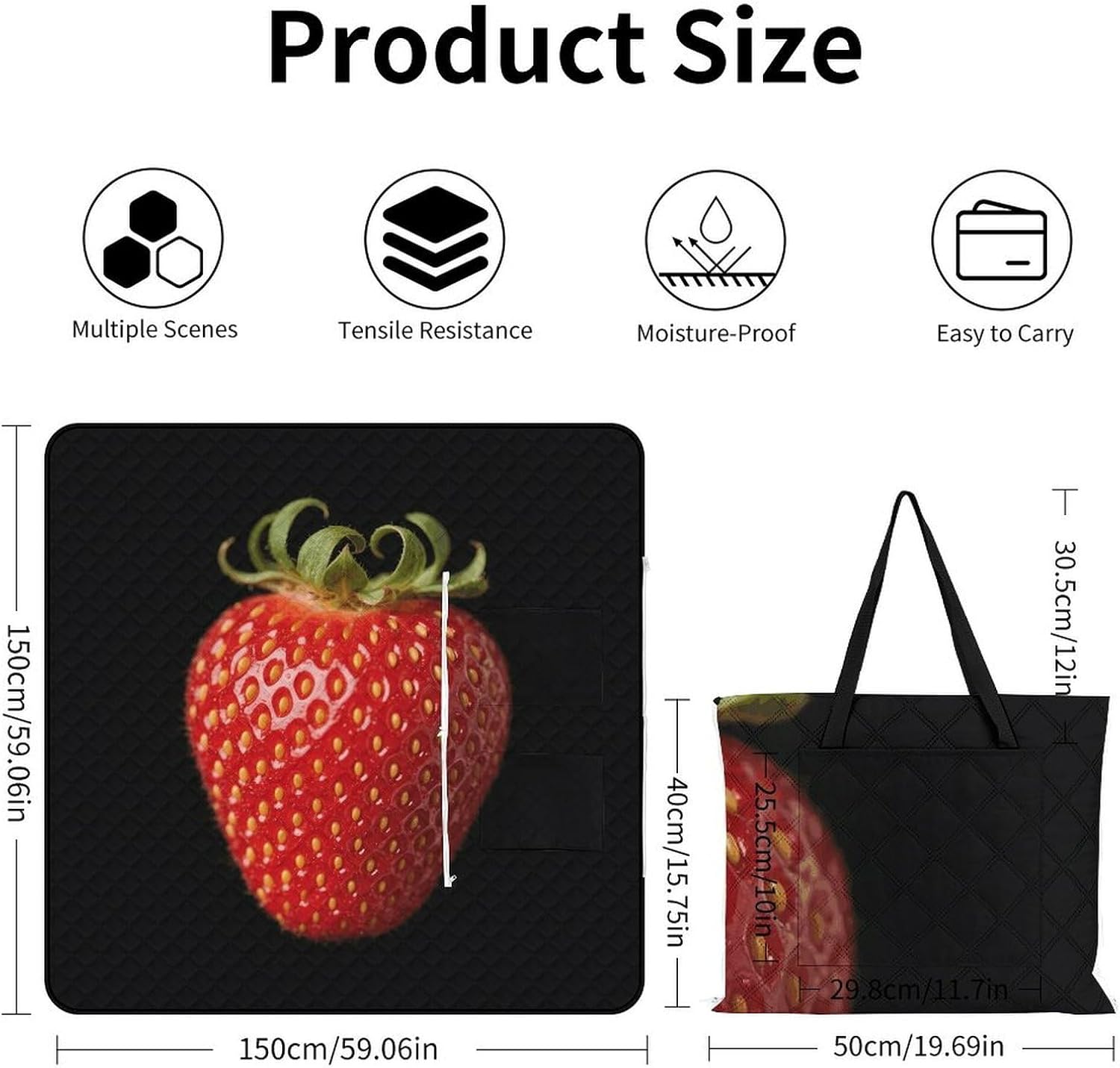 Fresh Fruits Picnic Blanket 150x150cm, Foldable 2-in-1 Picnic Mat and Tote Bag Portable Waterproof Beach Mat Sandproof Outdoor Blanket for Park, Hiking, Beach, Camping, Travel