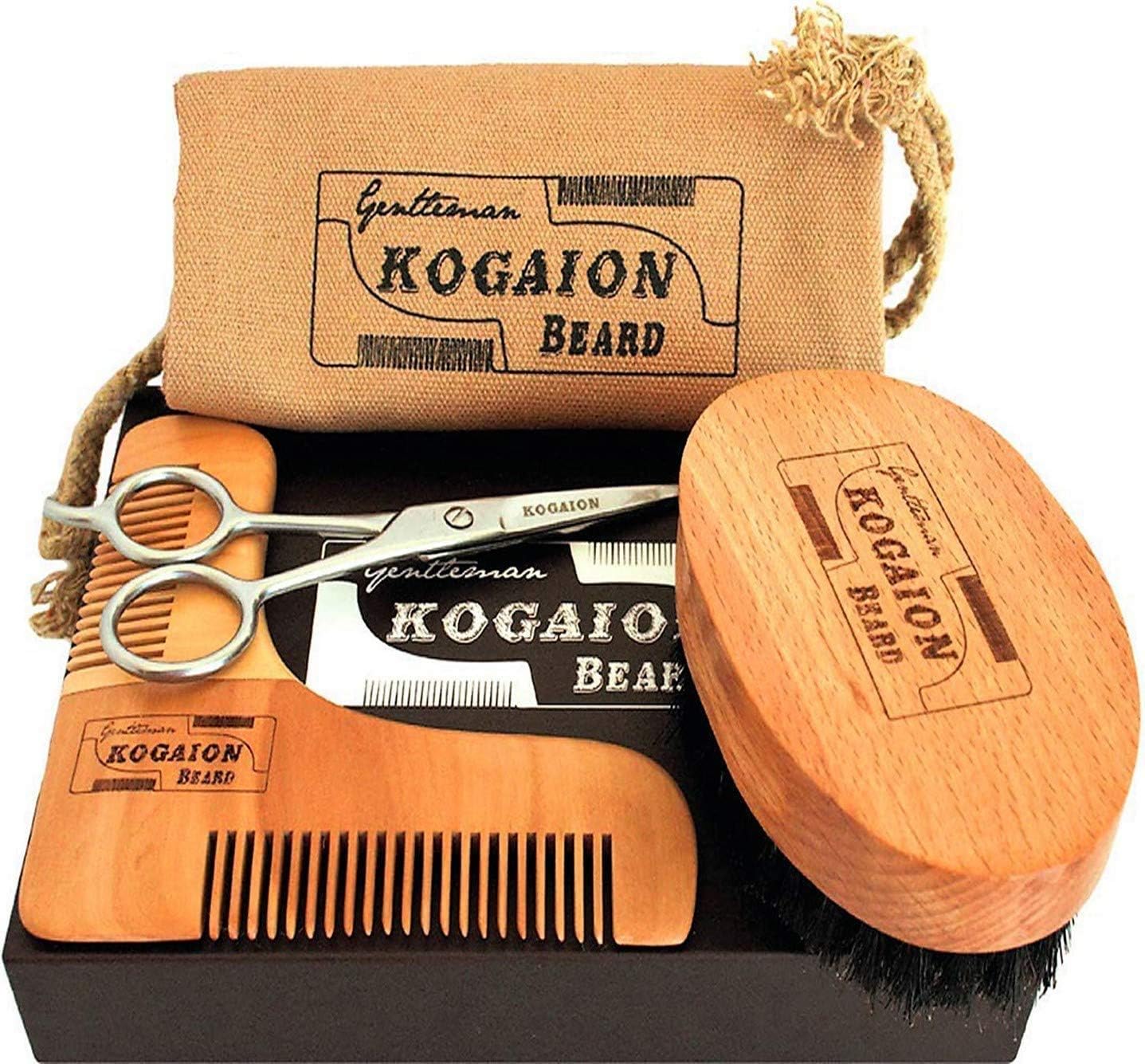 Presents for Men - Male Grooming Kit - Beard Comb + Beard Brush + Moustache Scissors + Elegant Gift Box - Gifts for Men with Beard - Perfect Present by KOGAION UK