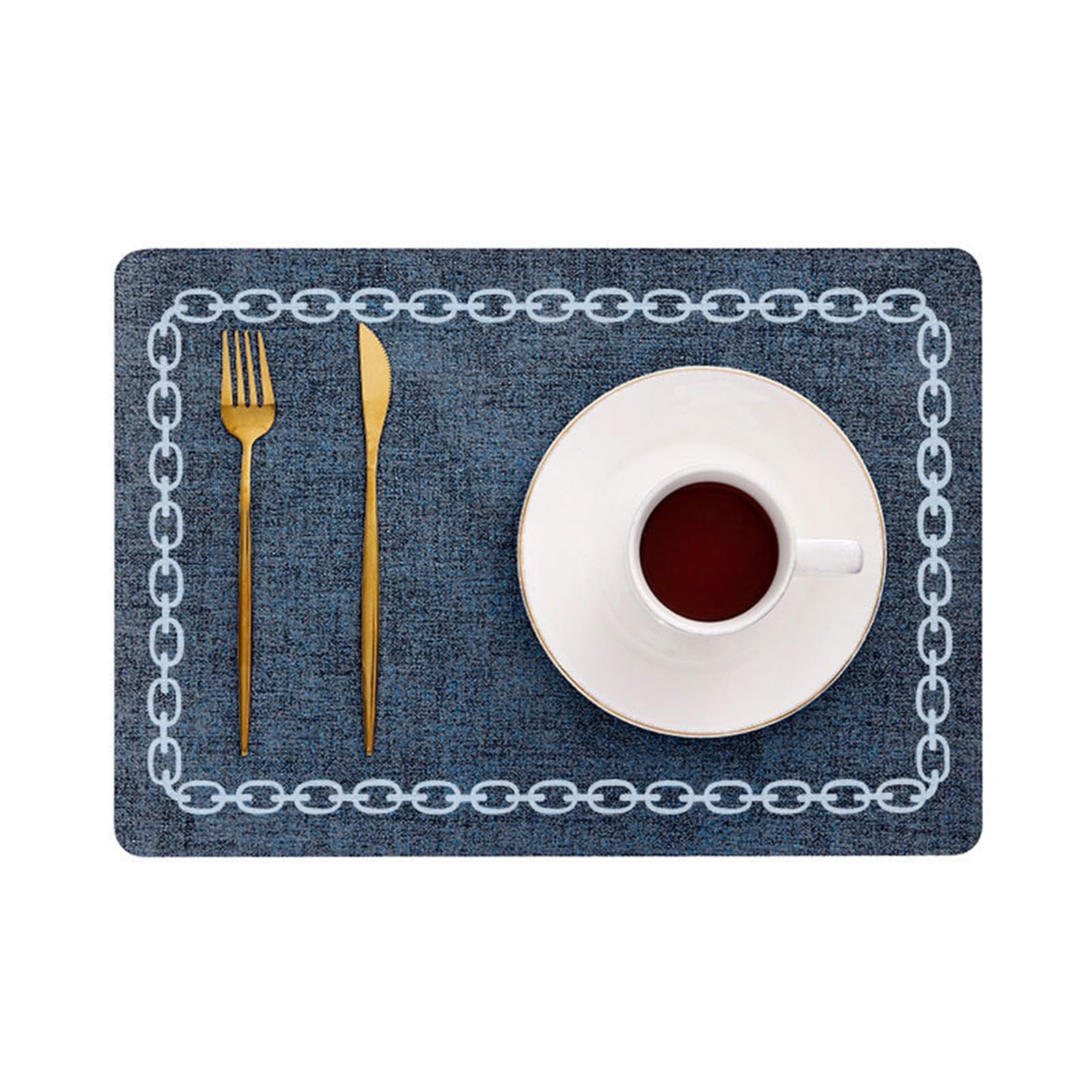 Juego de 6 manteles individuales rectangulares de cuero, resistentes al calor, antideslizantes, lavables, patrón de cadena, color azul oscuro, para casa, fiesta, boda, restaurante, 43 x 30 cm