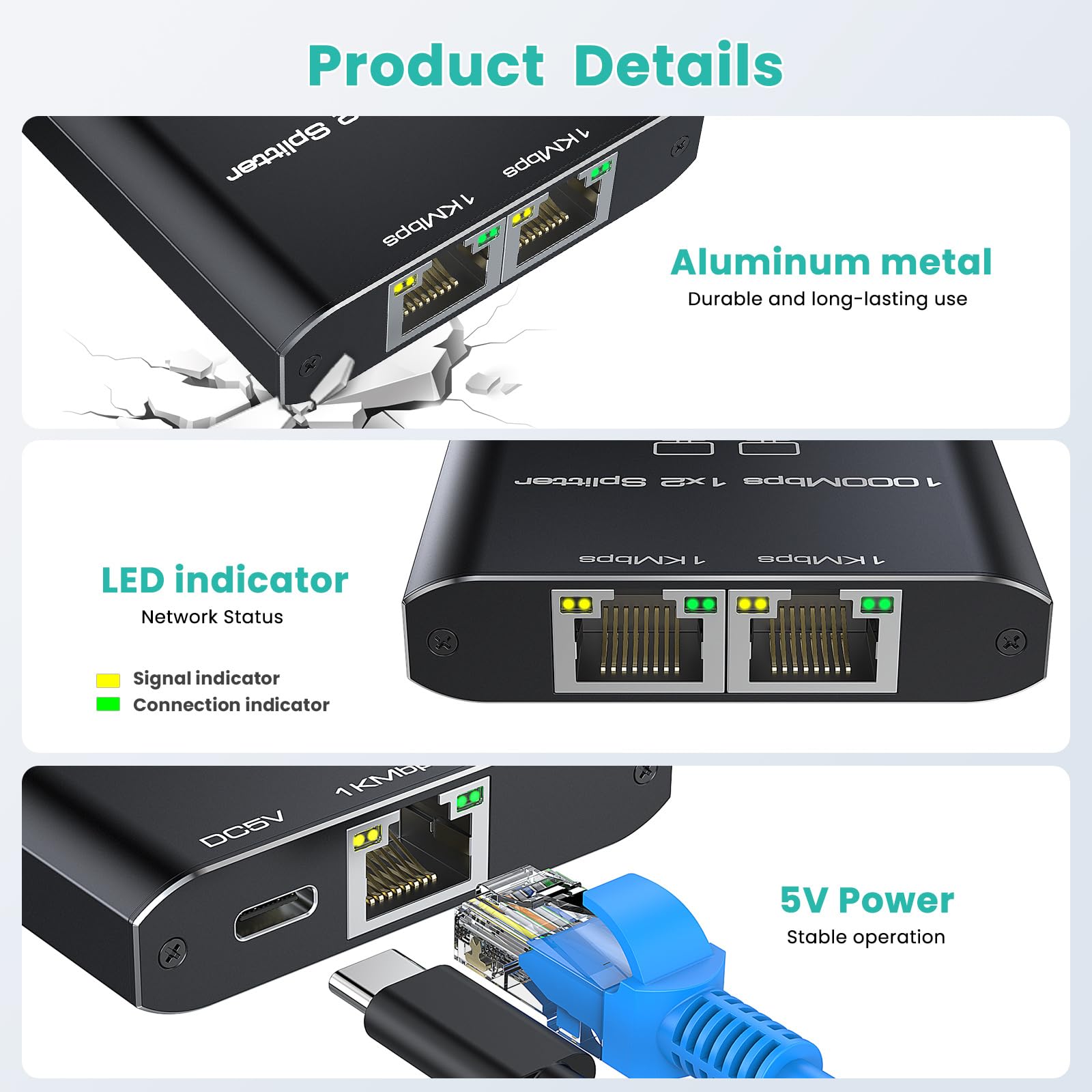 Connexion Double Appareils Simultanée Switch Ethernet 1 À 3, Switch Rj45, 3 Ports 1000Mbps Network Lan Switch Splitter Répartiteur De Répartiteur Réseau Gigabit