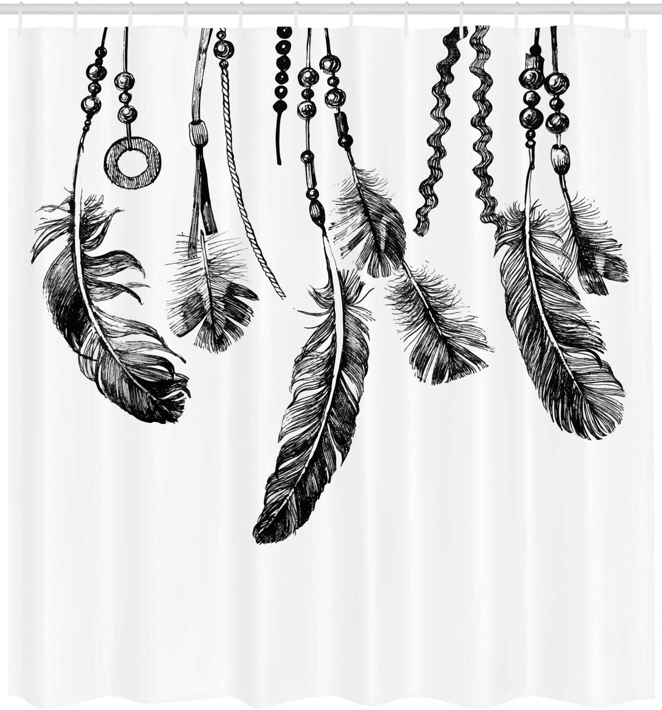 Ambesonne Tribal Shower Curtain, Tribal Feathers for Wisdom and Strength, Cloth Fabric Bathroom Decor Set with Hooks, 69" W x 75" L, Charcoal Grey
