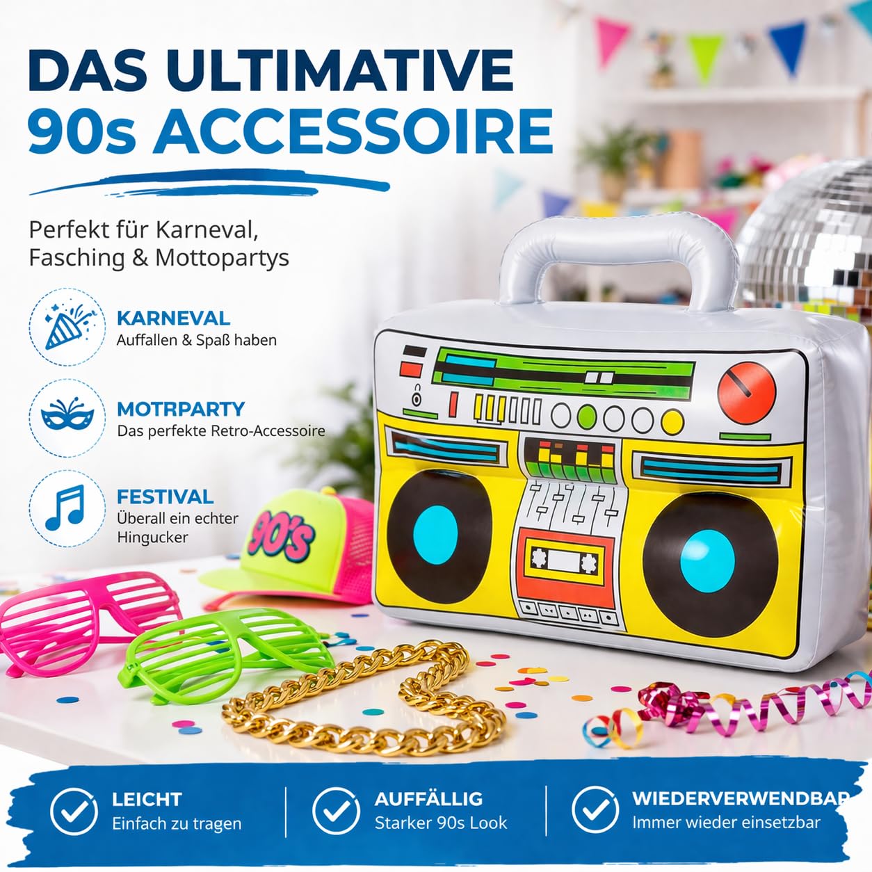 FASCHINFEVER Walkman nadmuchiwany, gett w stylu retro lat 80/90. - dodatek karnawałowy, miks, 1X