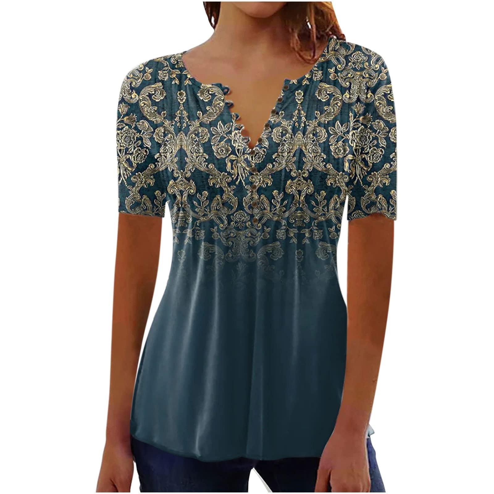 SHAOBGE Summer Tops for Women 2025 Trendy Boho Floral Print Tunic Shirt Short Sleeve Button v Neck Tshirt Casual Loose Blouse 4-navy Medium