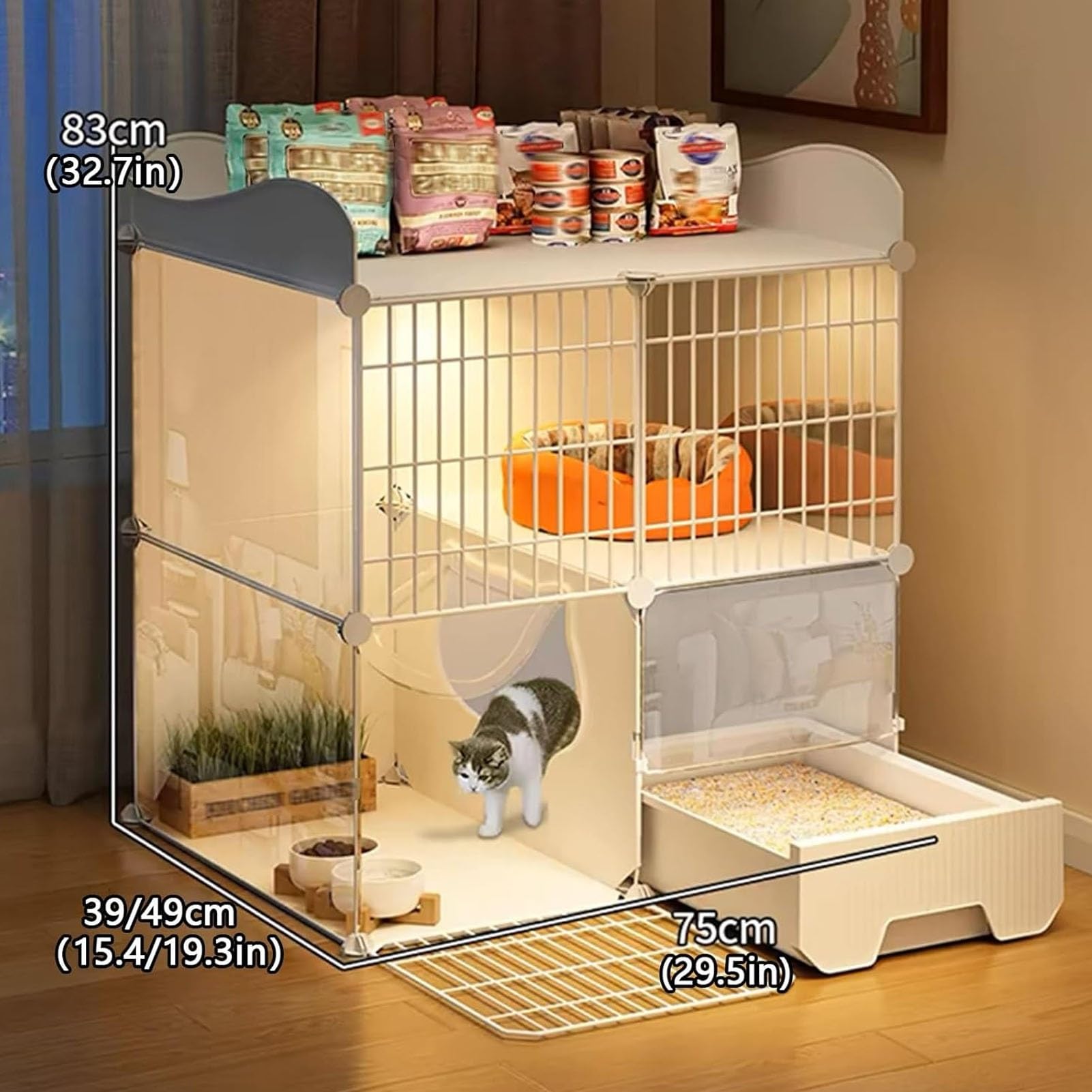 Gabbia per gatti a 2 livelli box per interni con lettiera, ampio spazio con recinzione superiore e stoccaggio, facile da installare