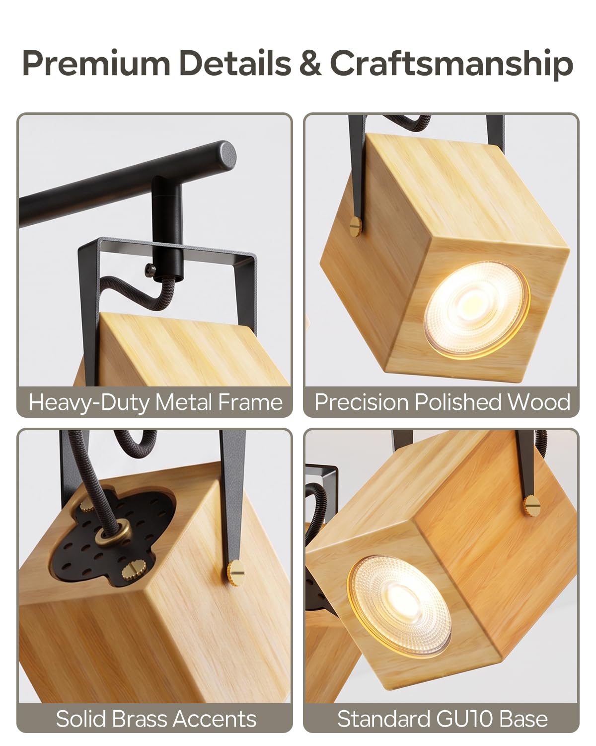 LVWIT Lámpara Techo Con 4 Focos LED Interior, Base GU10, Base negra con pantalla de lámpara de madera, Giratorios Plafón de Techo (Sin Bombillas)