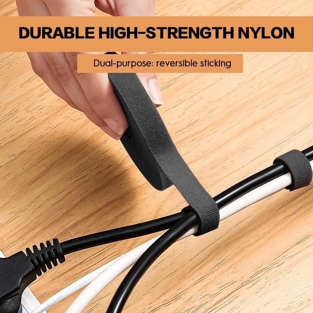 6.5Ft x 2 Roll Adjustable Cable Ties: Reusable Hook and Loop Fastening Cable Ties for Cable Organizing, Wire Management and Wire Organizer, Black