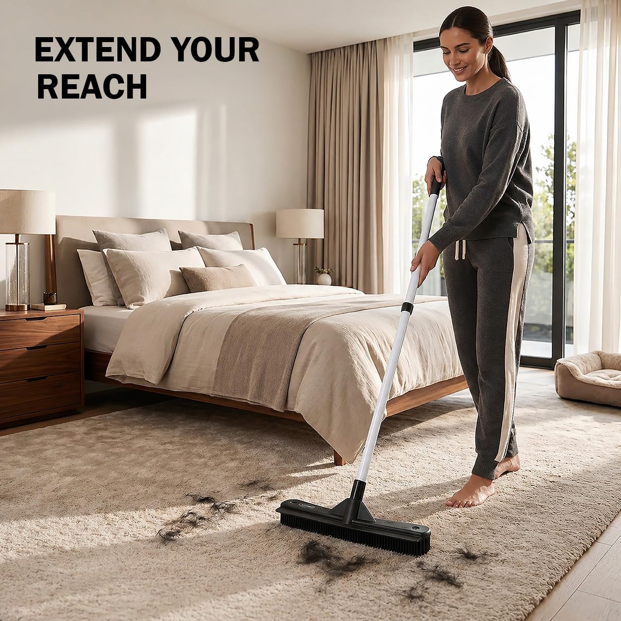 ForPro Premium FurBeGone Rubber Broom, Pet Hair Remover for All Floor Types, 12” Electrostatic Rubber Bristles, 50” Adjustable Telescopic Handle, Heavy Duty Floor & Salon Hair Broom