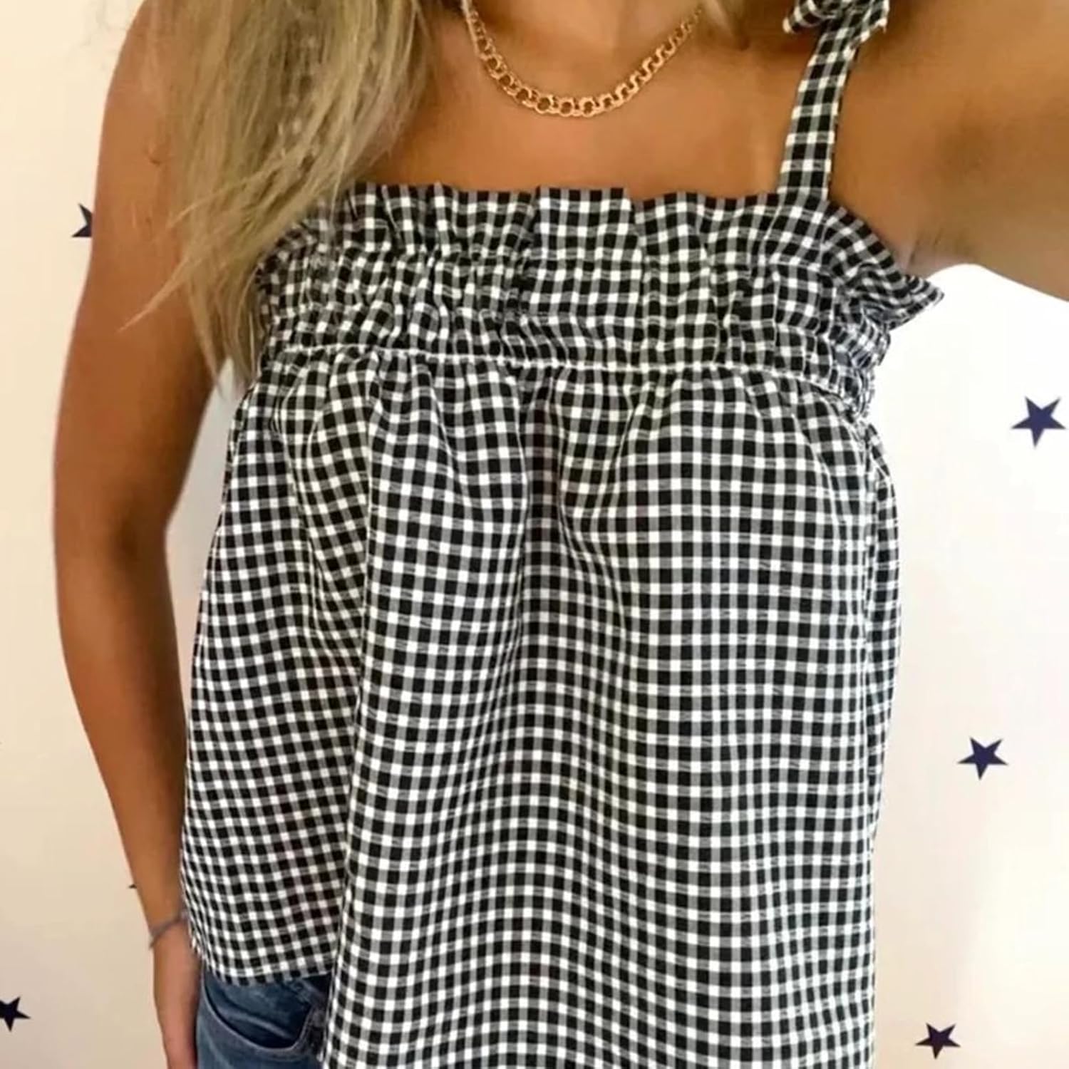 Women Y2k Gingham Tank Top Sleeveless Smocked Tank Tops Plaid Camisole Ruffle Hem Peplum Tops Summer Streetwear Black, Small - Image 3