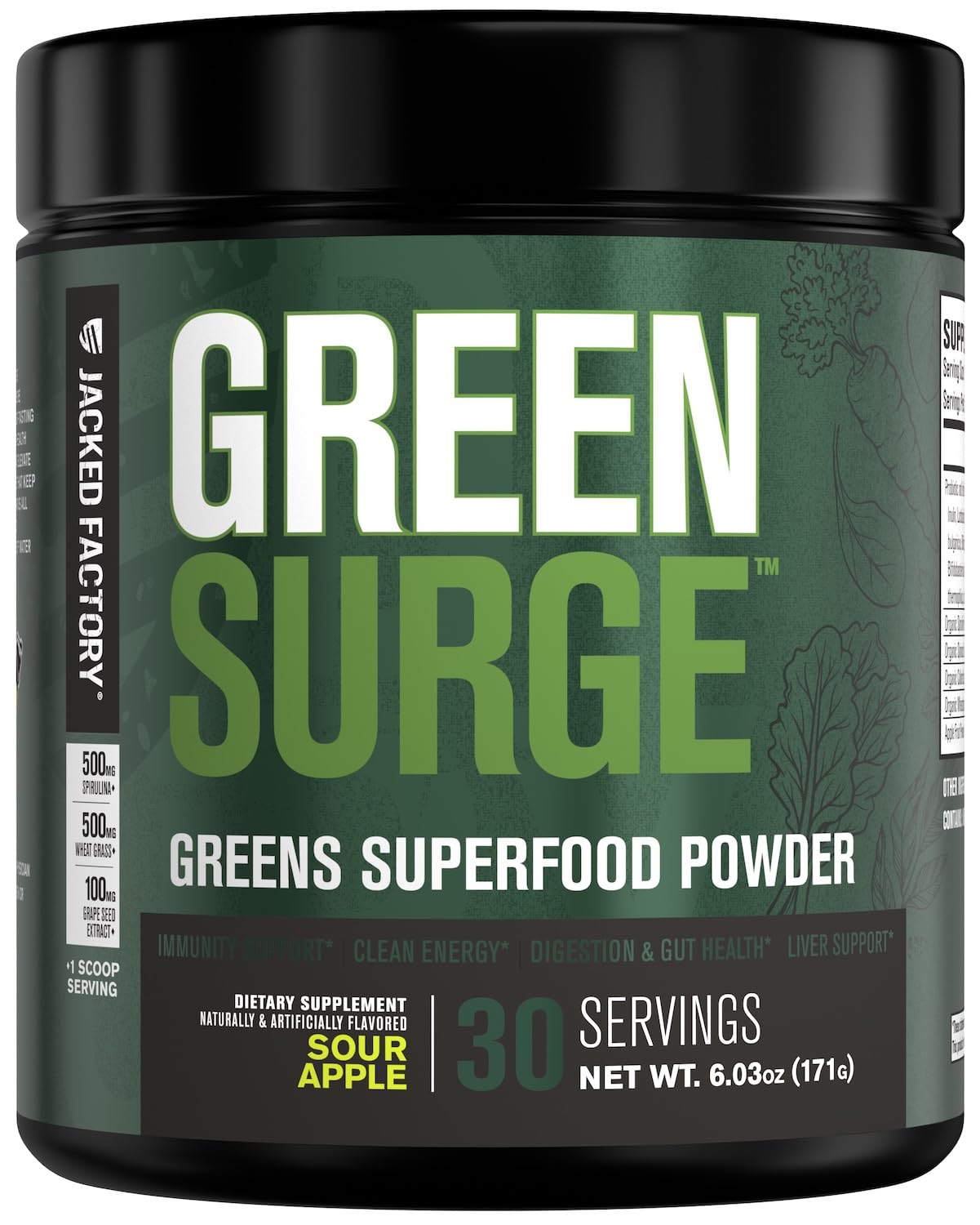 Jacked Factory Green Surge Green Superfood Powder- Keto Friendly Greens Drink w/Spirulina, Wheat & Barley Grass, Organic Greens - Green Tea Extract, Probiotics & Digestive Enzymes - Sour Apple