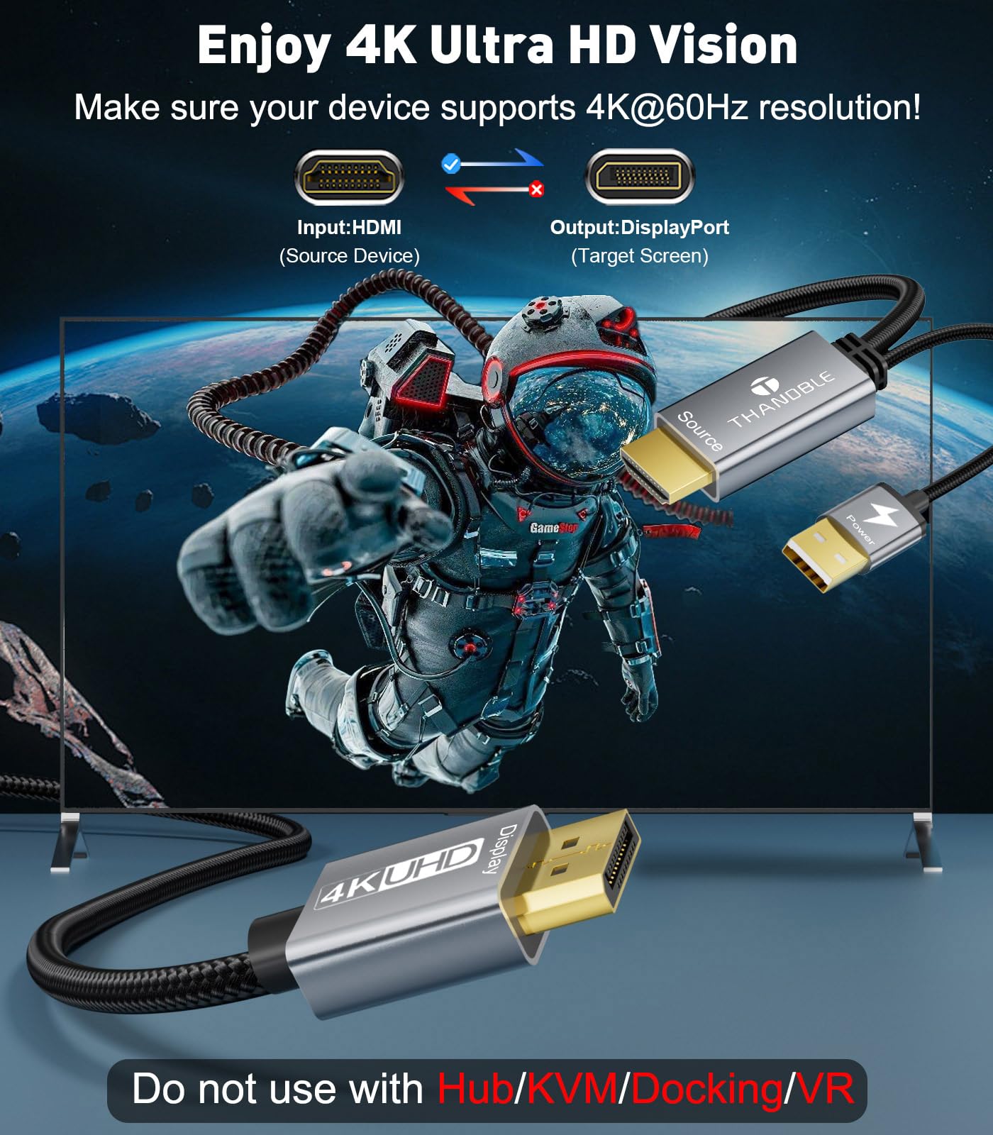 THANDBLE Active HDMI to DisplayPort Cable 6FT (4K60Hz), Uni-Directional HDMI Source to Display Port Monitor Cable, Male to DP Female Compatible PC, Graphics Card, Laptops, PS5