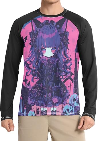 Black Skulls Purple Terro Anime Men's Swim Shirts UPF 50+ Quick Drying Round Neck UV Protection Long Sleeve
