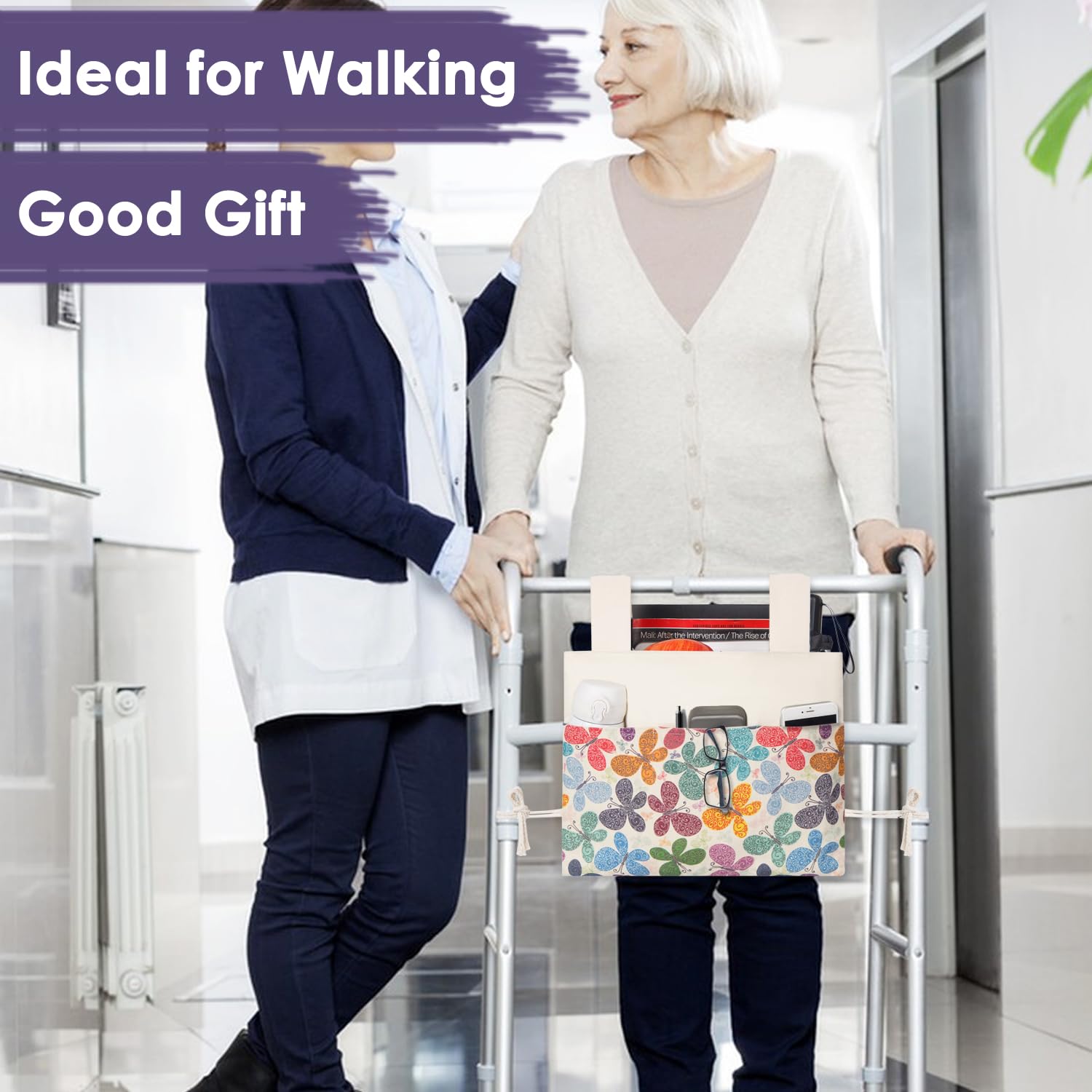 TOGETRUE Bolsa para andador, práctica canasta para andador con portavasos de agua, bolsa de almacenamiento de accesorios para andador plegable, sillas de ruedas, cochecitos, 15" x 11.5" (mariposa)