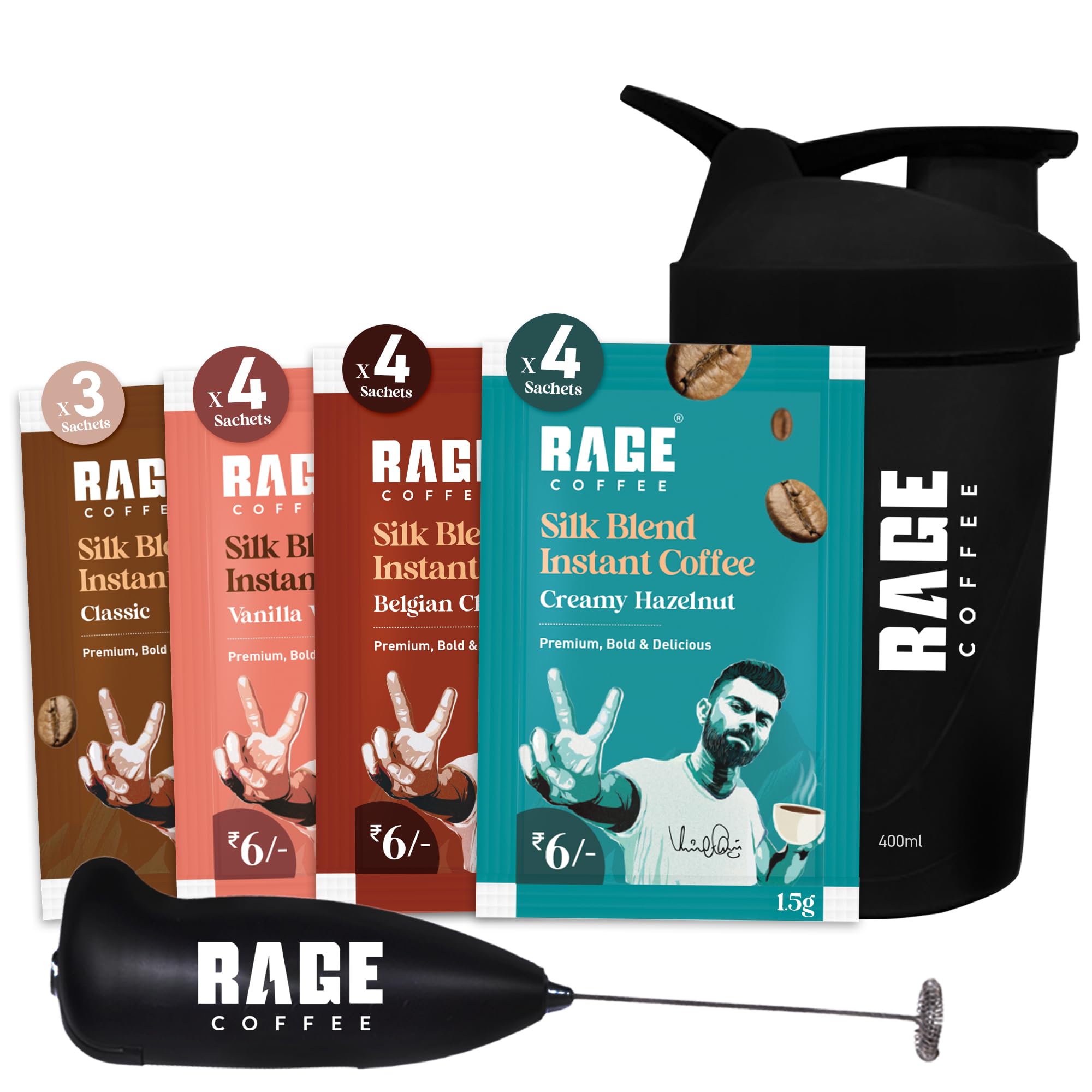 Rage Coffee - Silk Blend Assorted Sachets, Pack of 15 (3 Classic, 4 Creamy Hazelnut, 4 Vanilla Velvet & 4 Belgian Chocolate) + Multi-purpose Shaker 400 ml & Frother (B0CQK7KZG8) Amazon Price History, Amazon Price Tracker