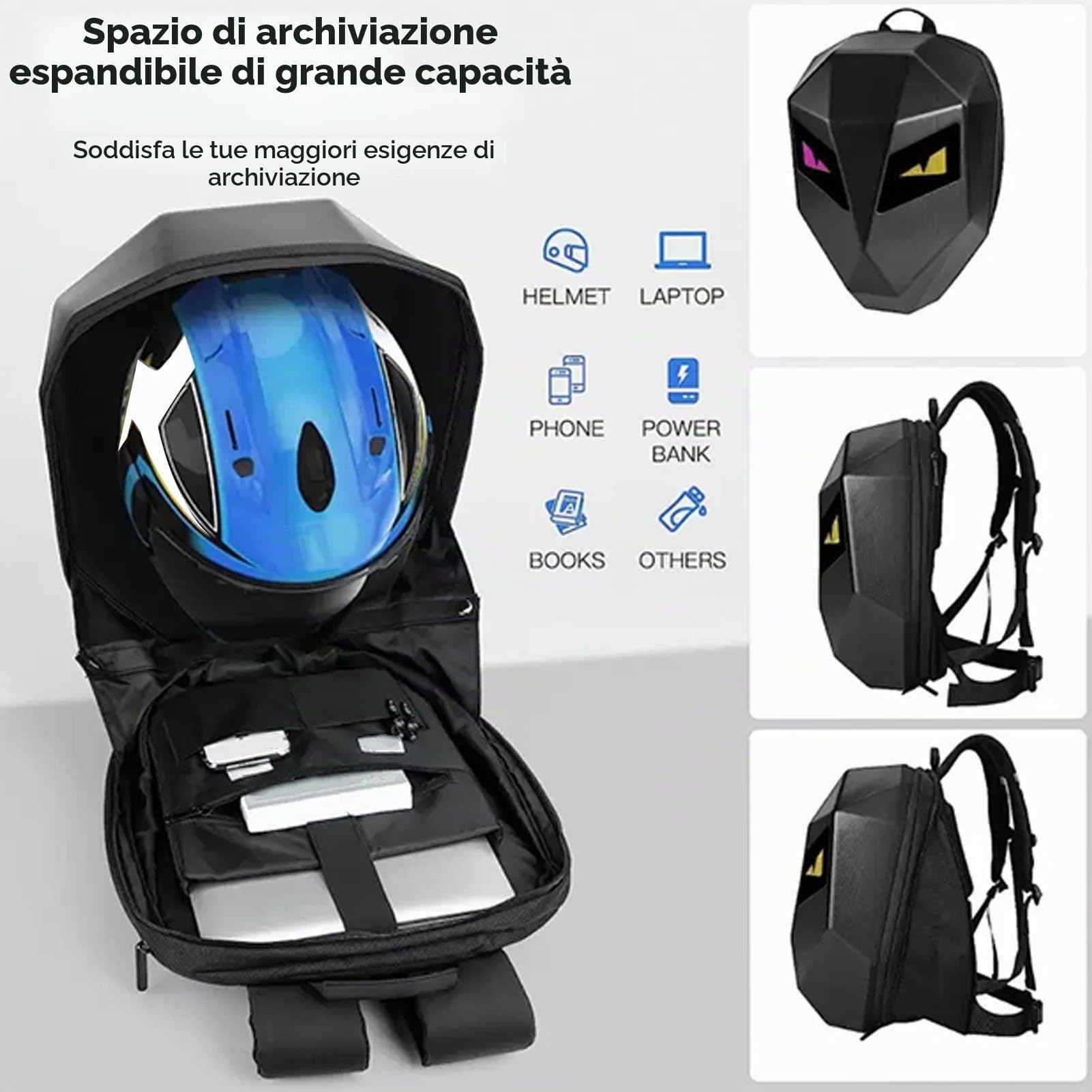 Zaino LED programmabile con schermo 48x48 pixel, guscio rigido, USB, per moto, viaggi, eventi, personalizzabile