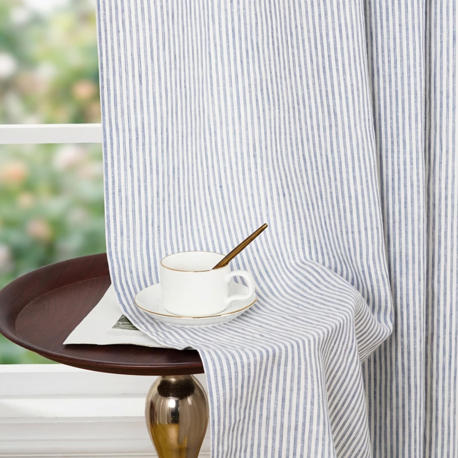 HSOFTIFY 100% Linen Curtains Pinstripe 1 Panel, Blue, 52 x 84 inch