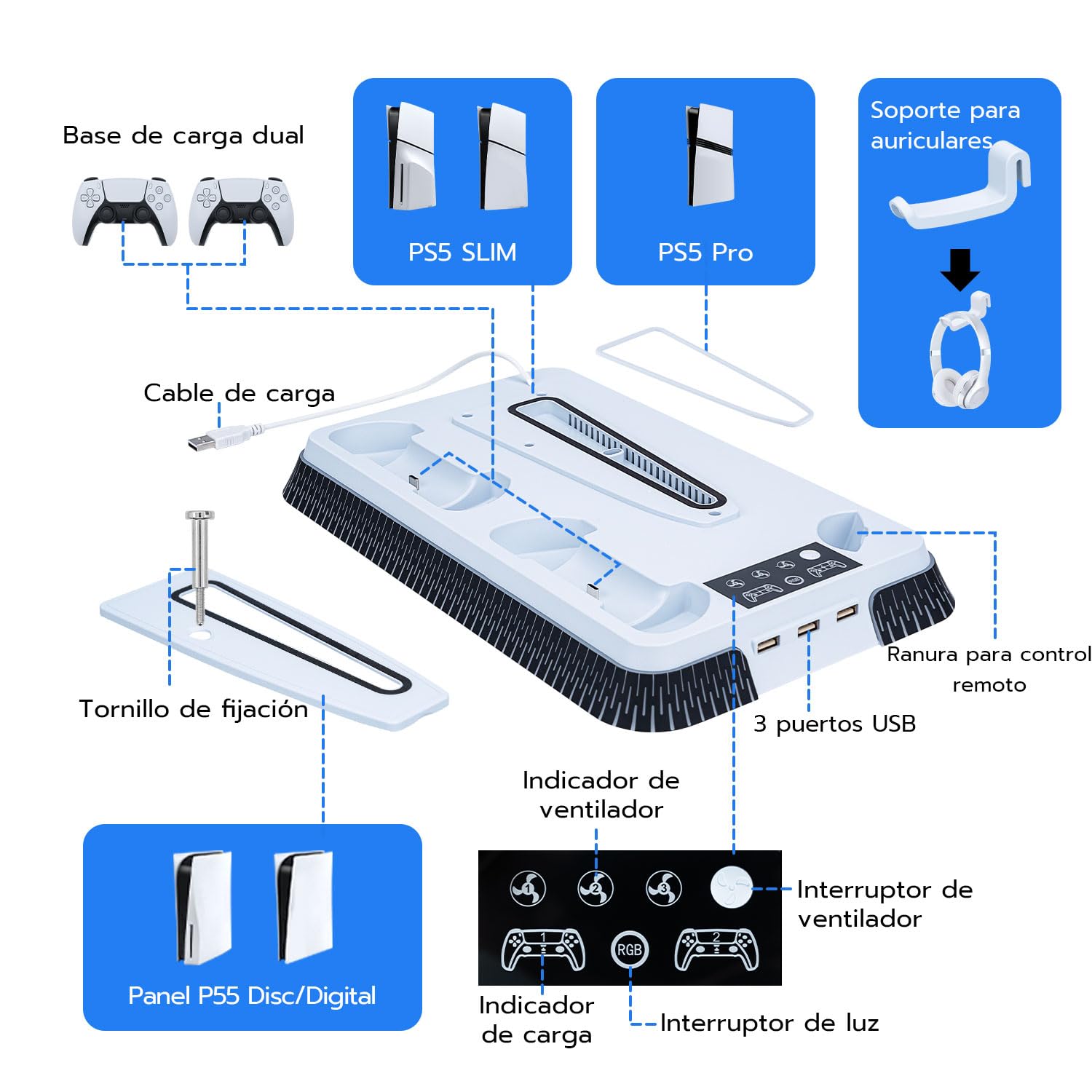 Wigearss Soporte Vertical para PS5/PS5 Slim/PS5 Pro con Ventiladores de Refrigeración Carga para 2 Mandos, Ventilador de Enfriamiento Ajustable en 3 Niveles con 10 Efectos de Iluminación LED