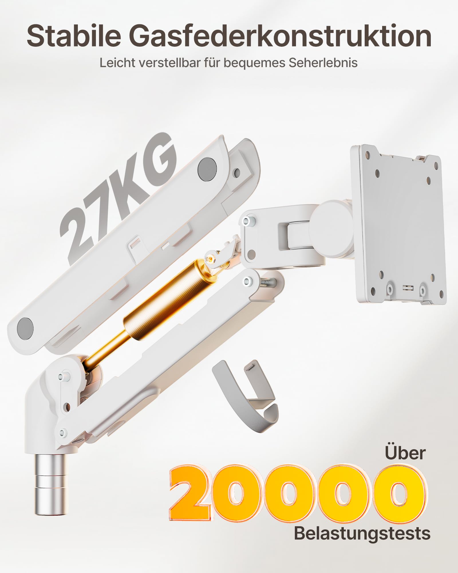 monTEK Monitor Halterung 2 Monitore für 17-57 Zoll Bildschirme bis zu 27 kg | Aluminium Schwerlast-Gasfeder, für Gebogene Bildschirme Verstellbarer Monitorständer, 75/100 mm VESA Halterung, Weiß