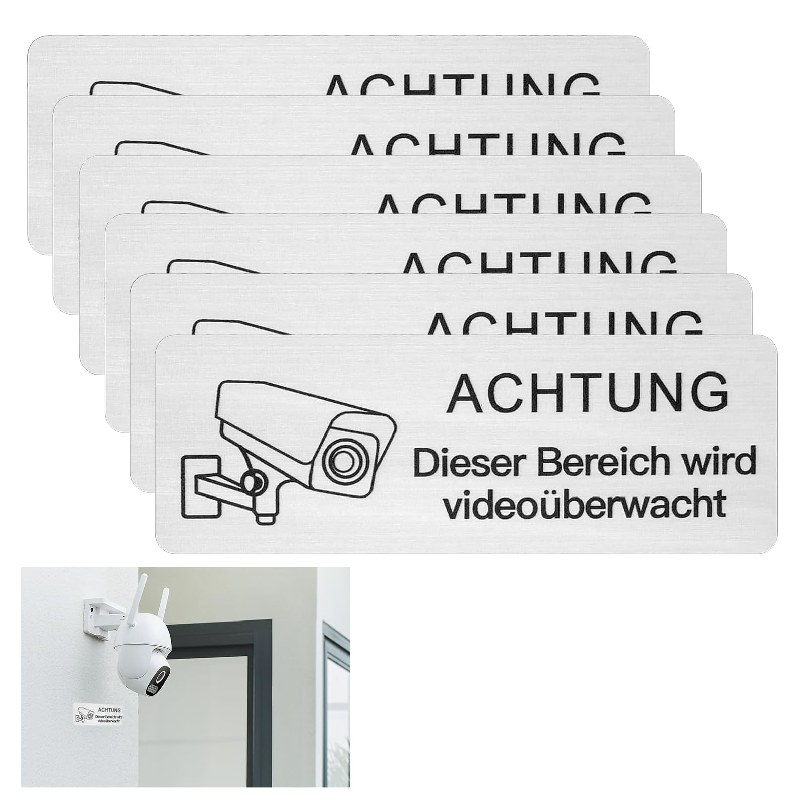 6 Stück Videoüberwachungsschilder Selbstklebend – Aluminium, 8,5x3 Cm, UV-beständig, Für Innen & Außen