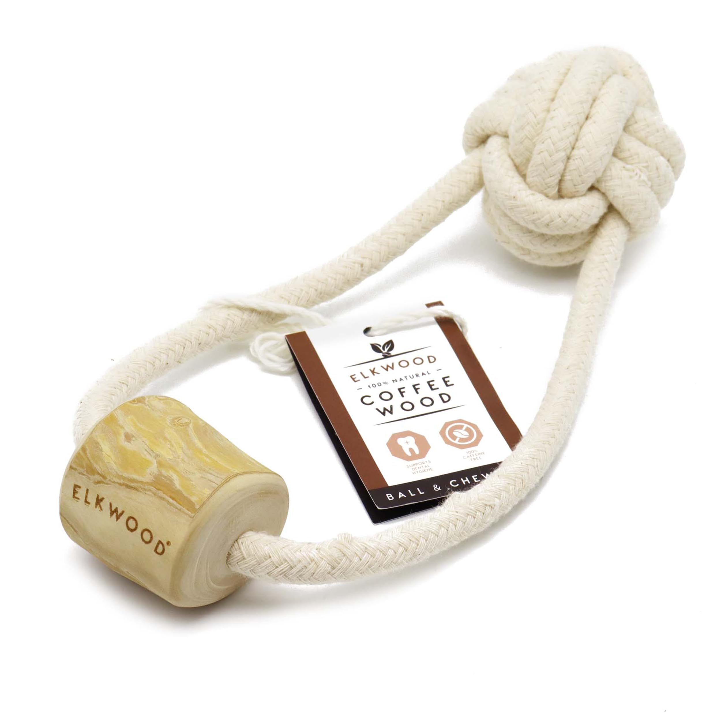 Elkwood Rope Coffee Wood Ball Chew Toy, Durable Tug & Play Hypoallergenic & Natural, Calorie-Free, Sustainable Tug Toy - No Caffeine, Sugar, or Artificial Ingredients