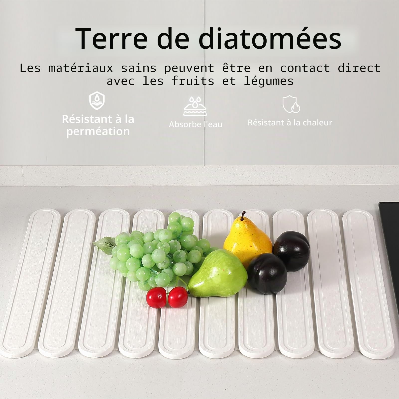 Tapis de séchage pour comptoir de cuisine, tapis de cuisine en pierre à séchage rapide pour vaisselle, bouteilles, tasses, grand tapis de séchage pliable en terre de diatomée