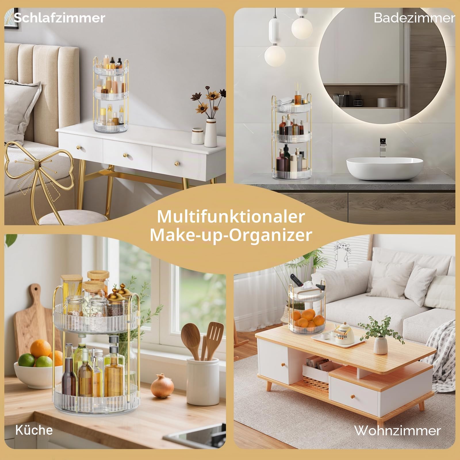 MOKANI Make Up Kosmetik Organizer, 360° Dreh Schmink Organizer, 3 Ebenen, Multifunctional Makeup Skincare Aufbewahrungssystem für Schminktisch, Badezimmer, Schlafzimmer, Transparent