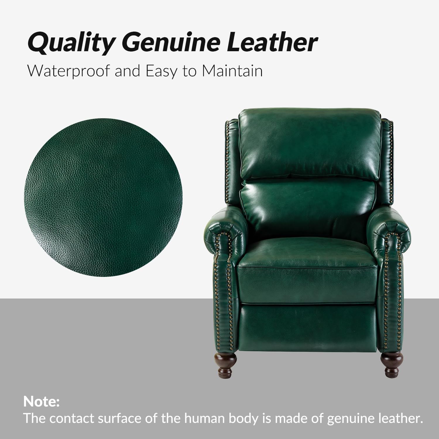 HULALA HOME Genuine Leather Wingback Recliner Chairs Set of 2 with Thick Cushioned Seat, Traditional Push Back Leather Recliner with Nailhead Trim, Green