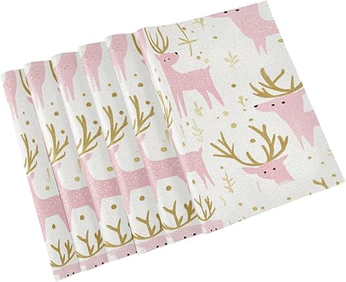 Miniatura 9 de Manteles individuales de tela lavable de PVC dorado melocotón dorado Navidad de alce juegos de 6 12 x 18 para mesa de comedor elegantes