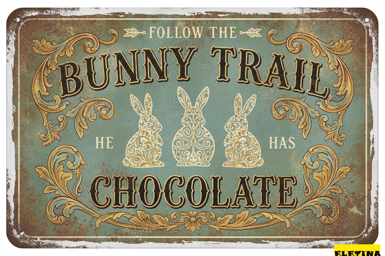 Follow Bunny Trail He Has Chocolate Tin Sign, 8x12 Inch